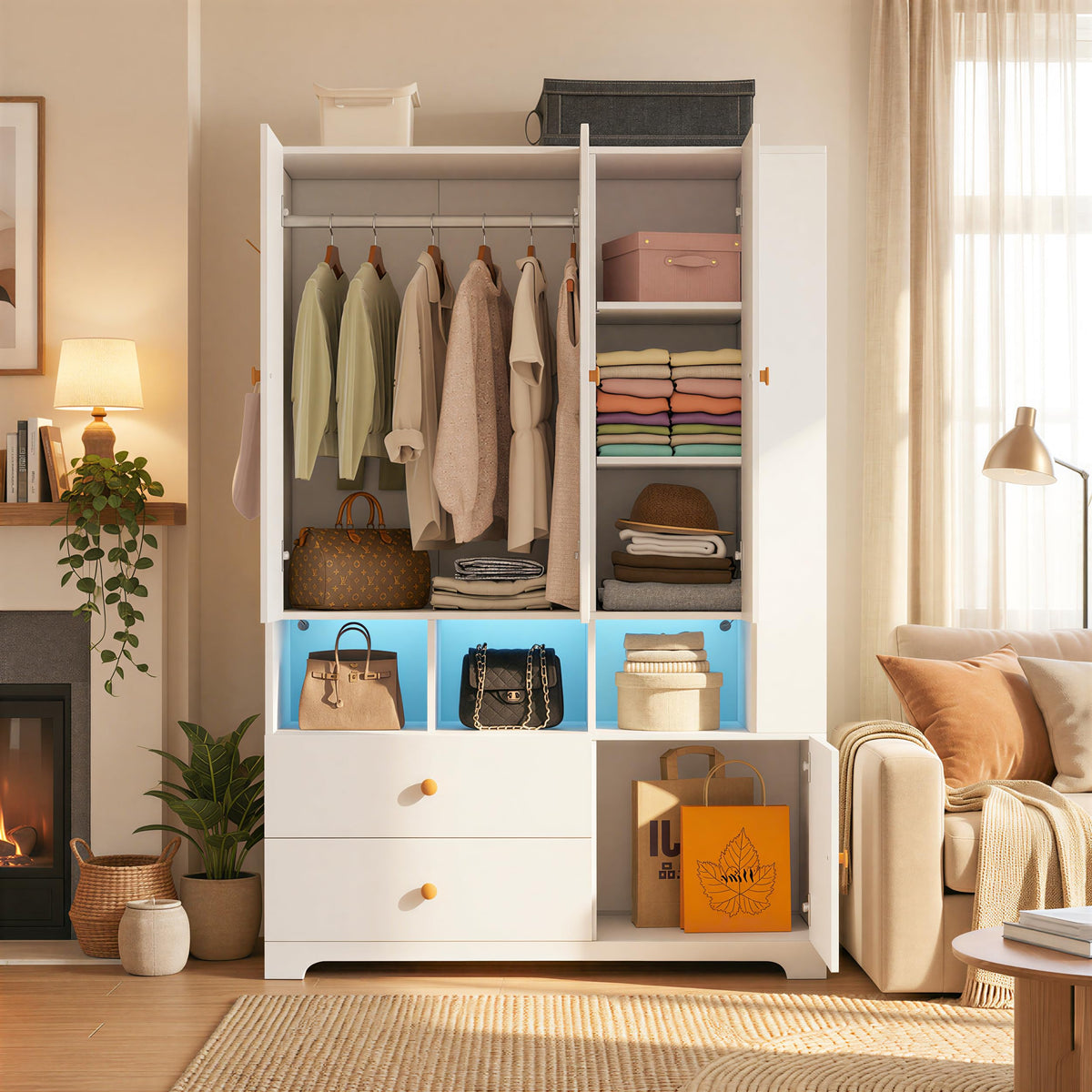 SDMY Armoire Wardrobe Closet with Mirror and LED Lights,71" Freestanding Armoire with 3 Doors,2 Drawers, Hanging Rod, Adjustable Shelves, Large Wooden Clothes Storage Cabinet for Bedroom, White