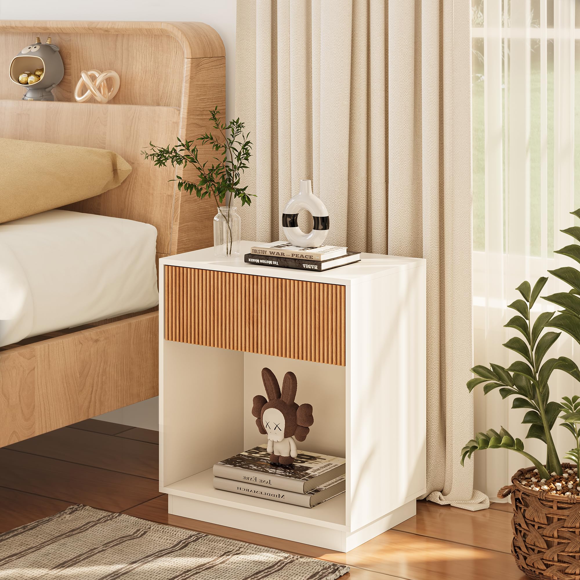 Fluted Nightstand Set of 2 with Drawer & Storage Shelf