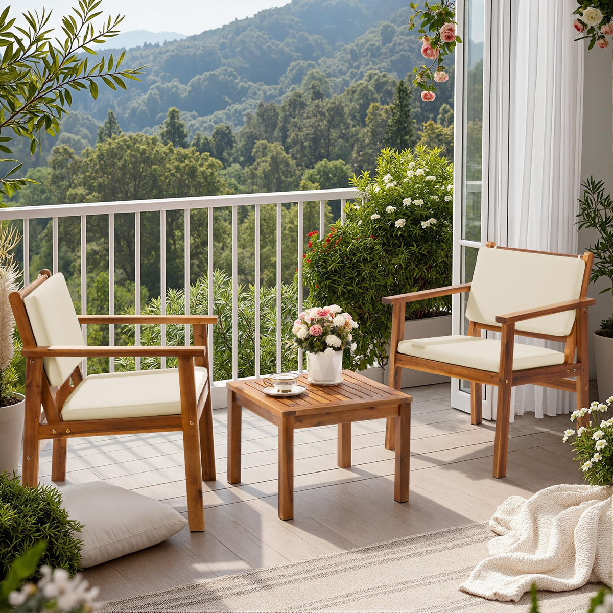 Flamaker 3 Pieces Porch Chairs Acacia Wood Balcony Furniture (Natural)