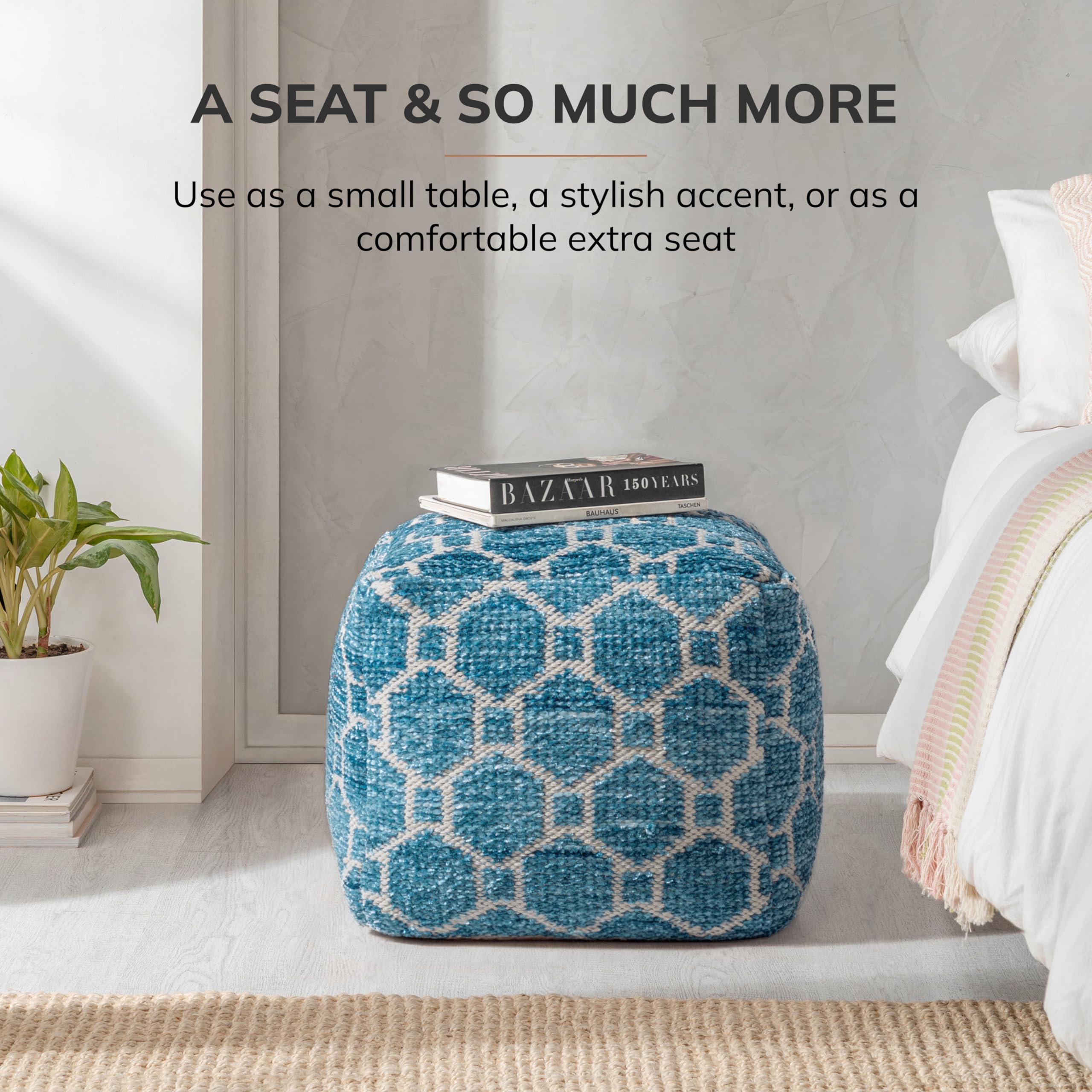 Anji Mountain Pouf Ottoman Foot Rest, Handmade Ottoman Pouf, Comfortable Foot Stool, Decorative Floor Seating for Living Room Decor, Bedroom & Home Décor Accent - Blue