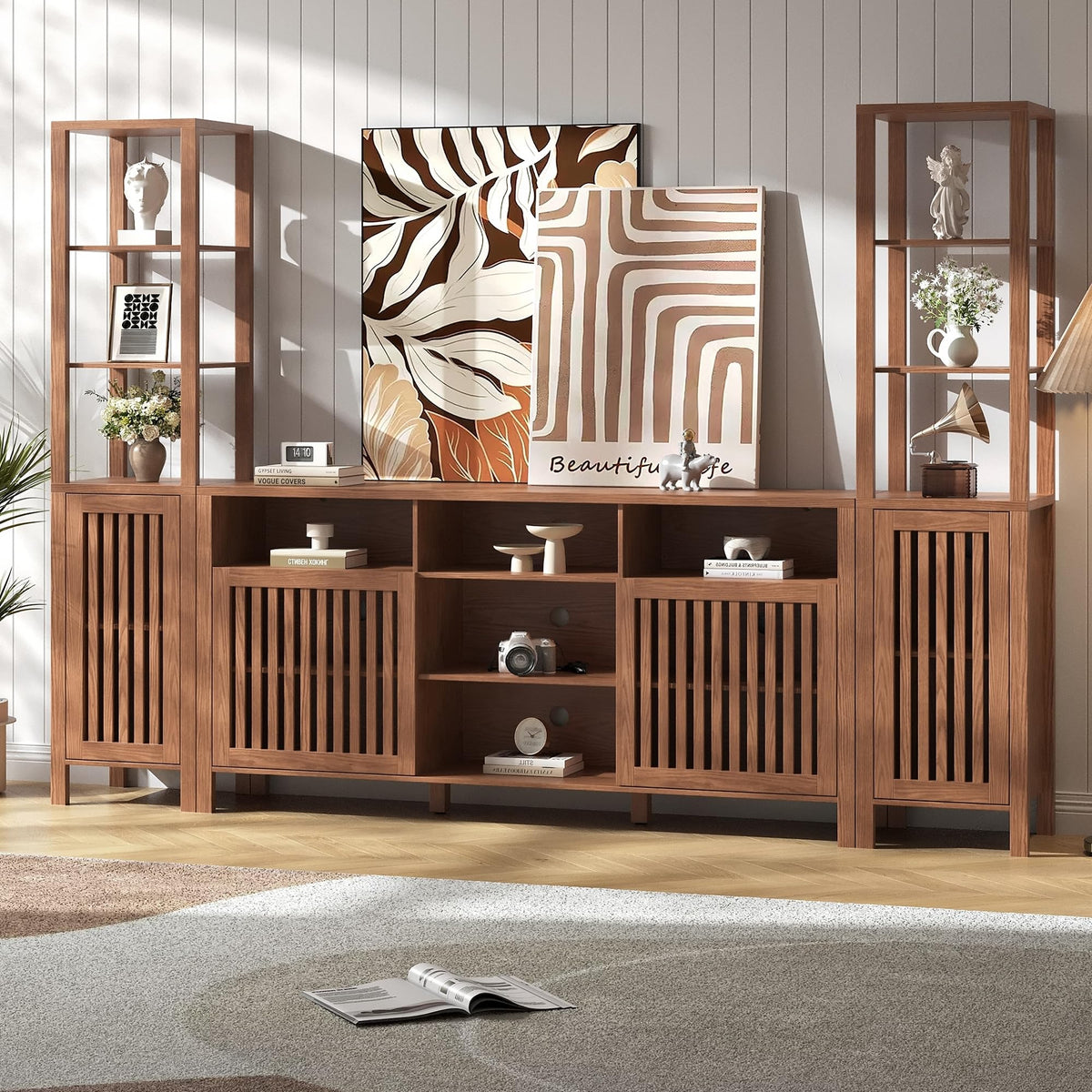 Brown Farmhouse TV Stand with Bookshelves