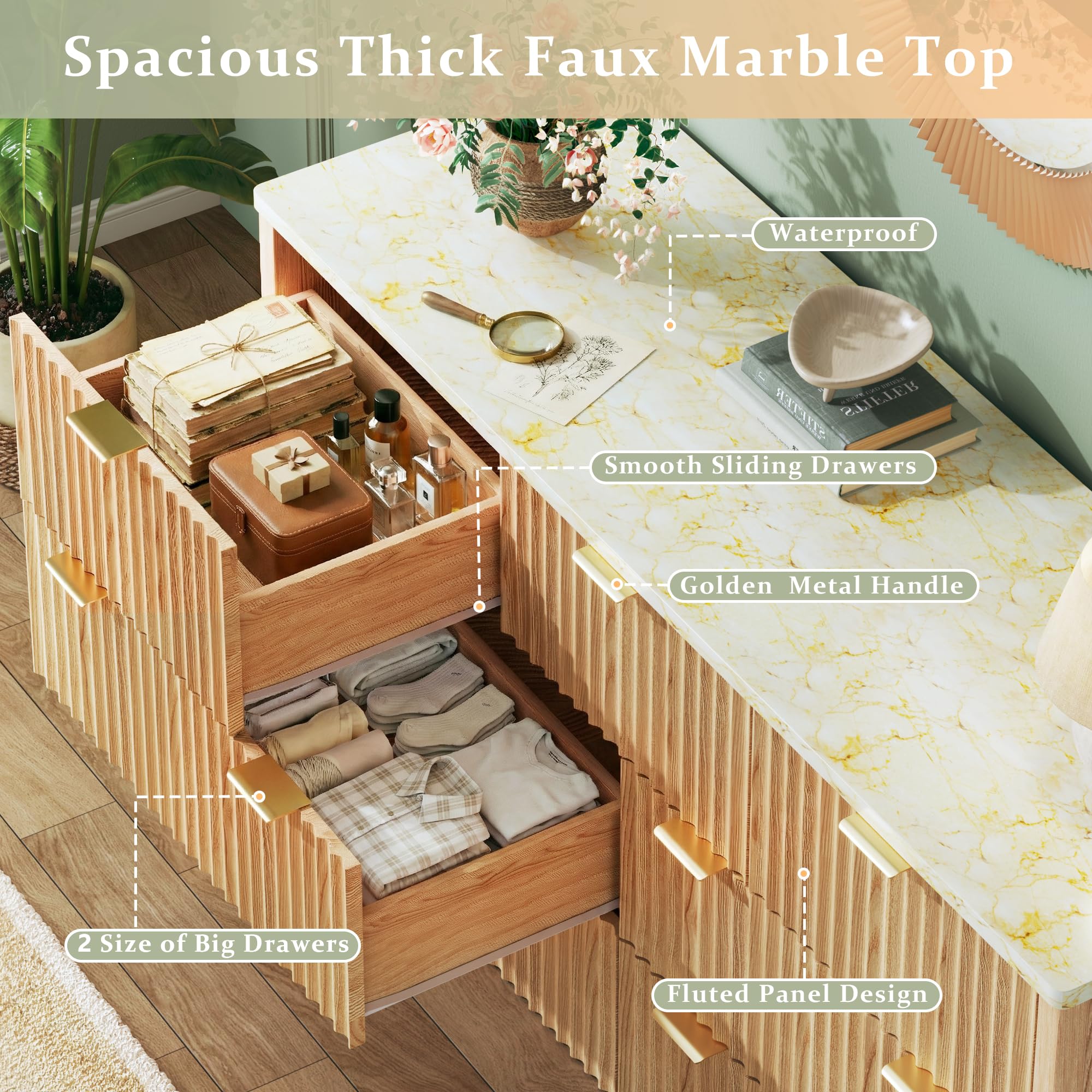 HUAHUU Fluted Dresser for Bedroom with 7 Drawers, 53" Wide Mid Century Modern Dressers with Faux Marble Top & Metal Handle, Wooden Chest of Drawers TV Stand, Natural Oak