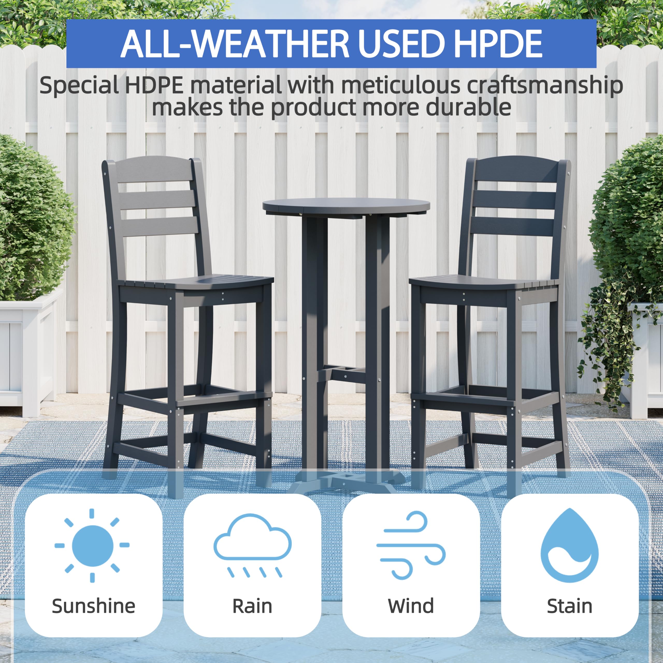 Shintenchi 3 Pieces Outdoor High Top Bar Set, 1 Patio High Top Round Table and 2 Bar Height Tall Adirondack Chair, All-Weather Outdoor Bistro Bar Set for Balcony Pool Deck, Dark Grey