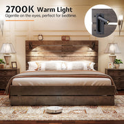 Jocisland King Size Farmhouse Bed Frame with 51" Barn Door Headboard, LED Reading Lights, Platform Bed Frame with Wood Slats, Under Bed Storage Space, Noisy Free, Easy Assembly, Rustic Gray