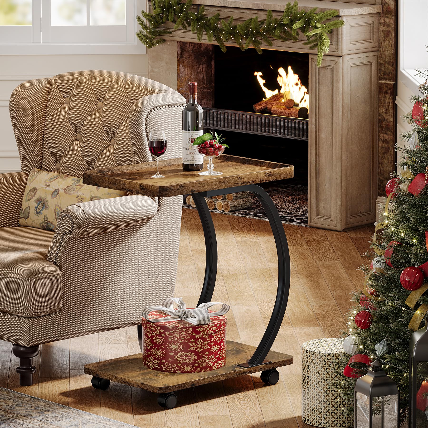 C-Shaped End Table Set of 2 with Wheels