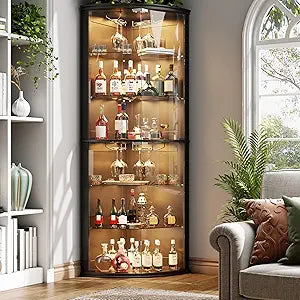 Corner Bar Cabinet with LED Lights & Glass Door