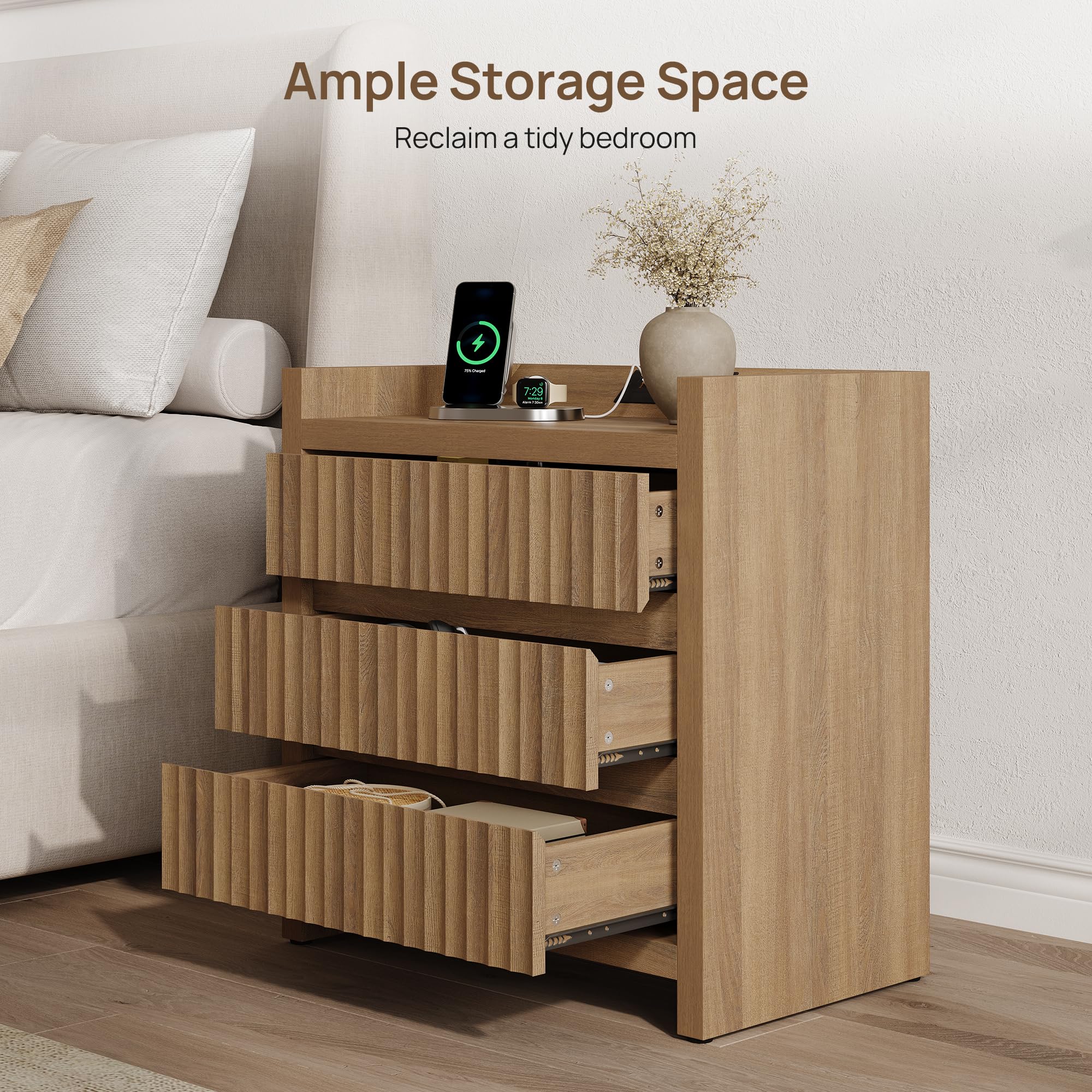 3-Drawer Nightstand Set of 2 with Charging Station