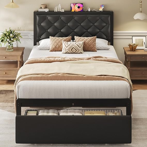 Metal Bed Frame with Storage Drawers & Charging Station