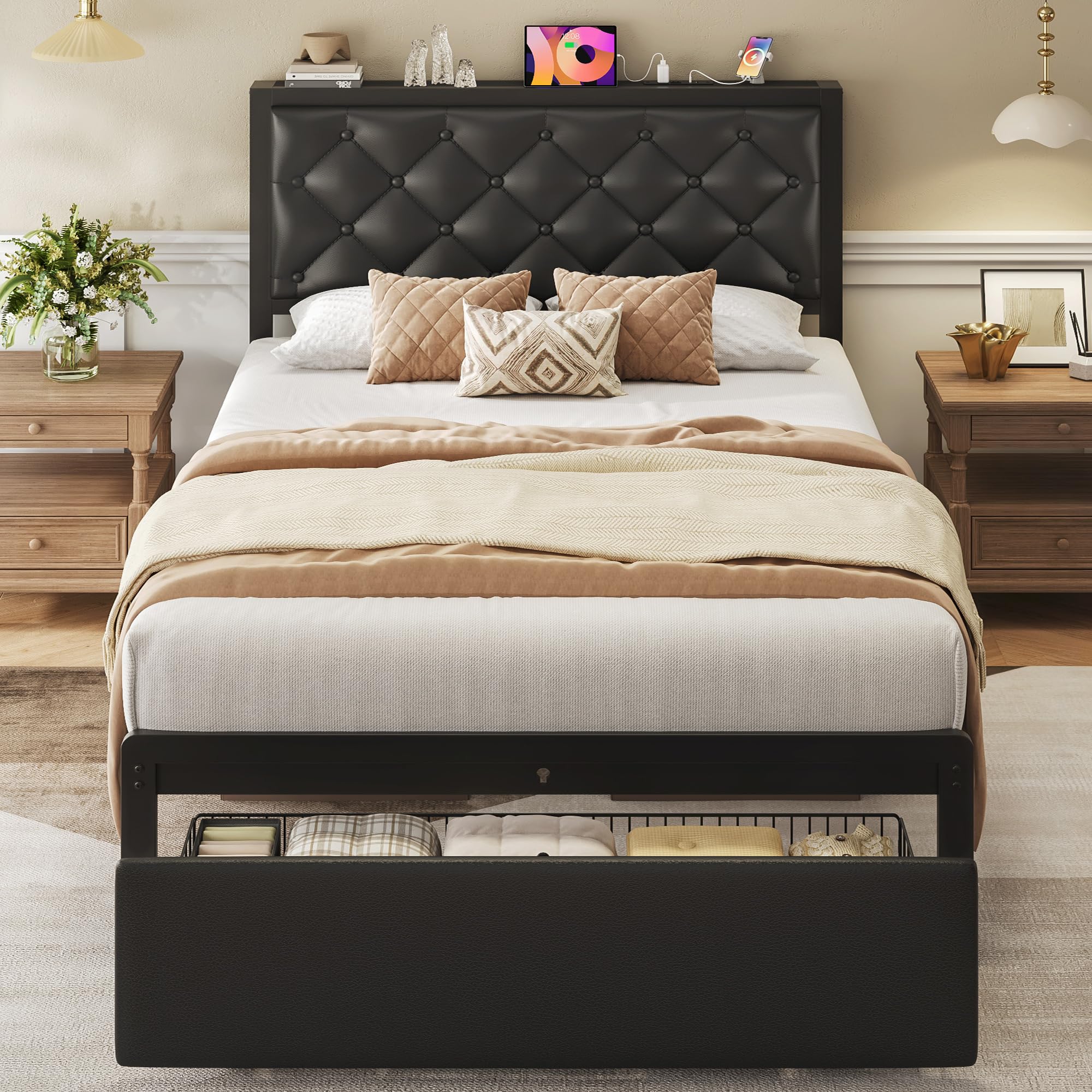Queen Bed Frame with Storage Drawers & Charging Station