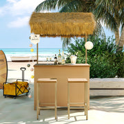 LUMISOL Outdoor Bar Table and Stools, Hawaiian Style Bar Height Patio Set with PE Grass Canopy, Acacia Wood Top and Adjustable Feet, 3 Piece Wicker Island Bar and 2 Stools, Natural