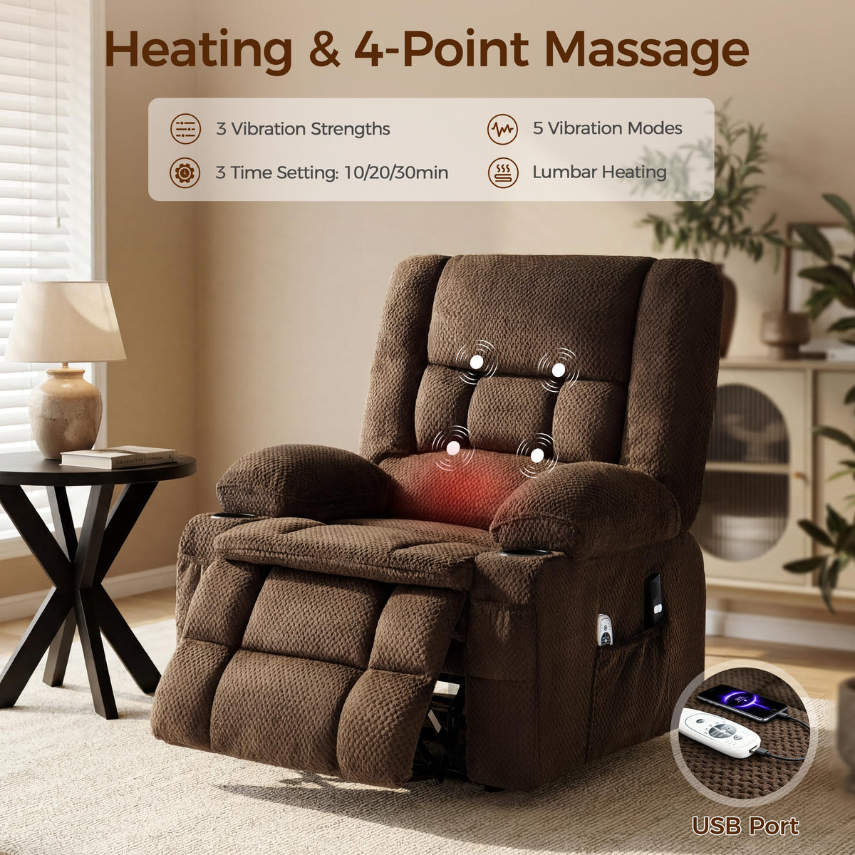 Power Lift Recliner Chair for Elderly, Electric Reclining Lift Chair with Massage and Heating, Comfy Overstuffed Recliner Single Sofa with Cup Holders, Pockets, USB Charge Port for Living Room,Brown