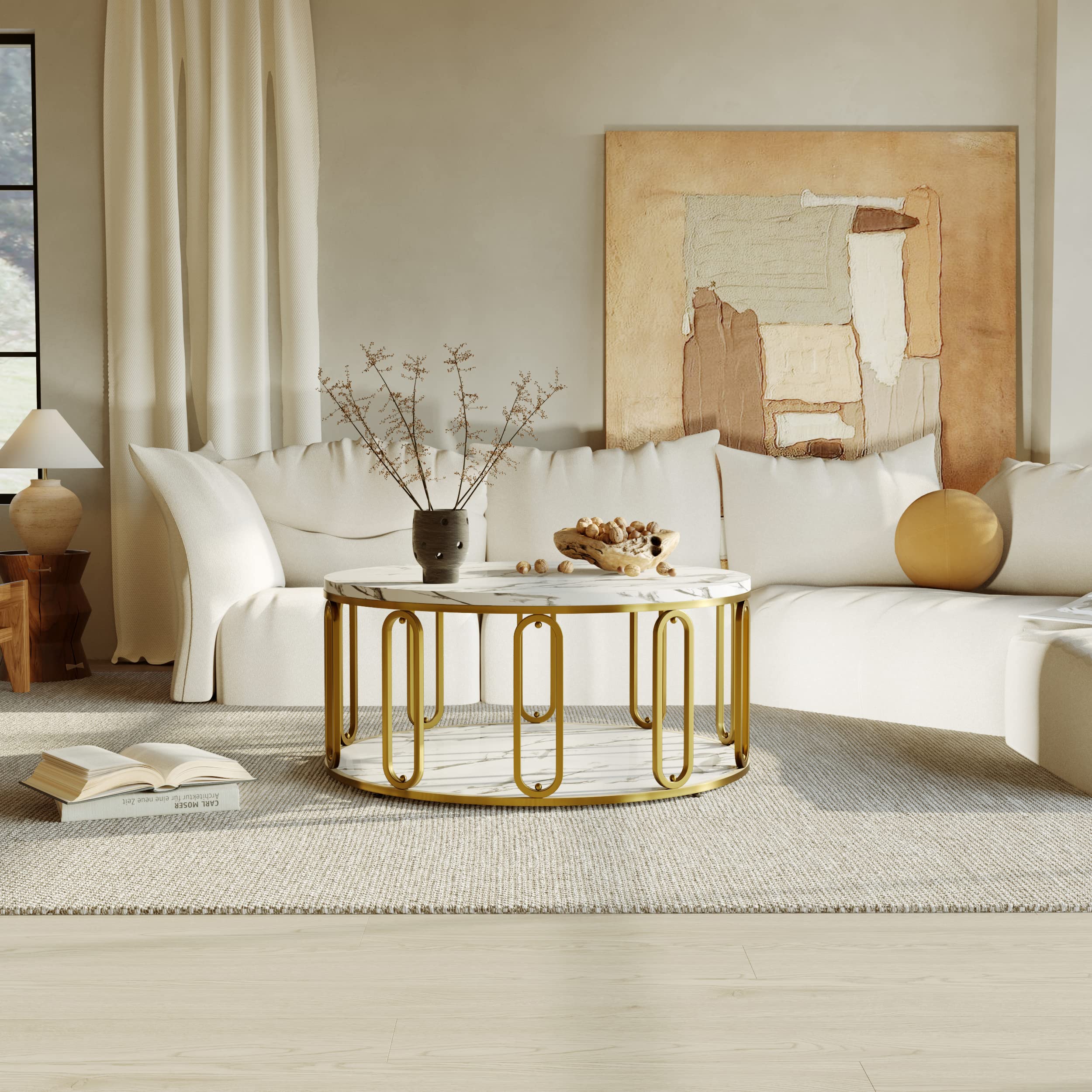 Easyzon Round Coffee Table, Wooden Marble Pattern Coffee Table with Round Open Storage, Solid Golden Metal Legs for Living Room, White