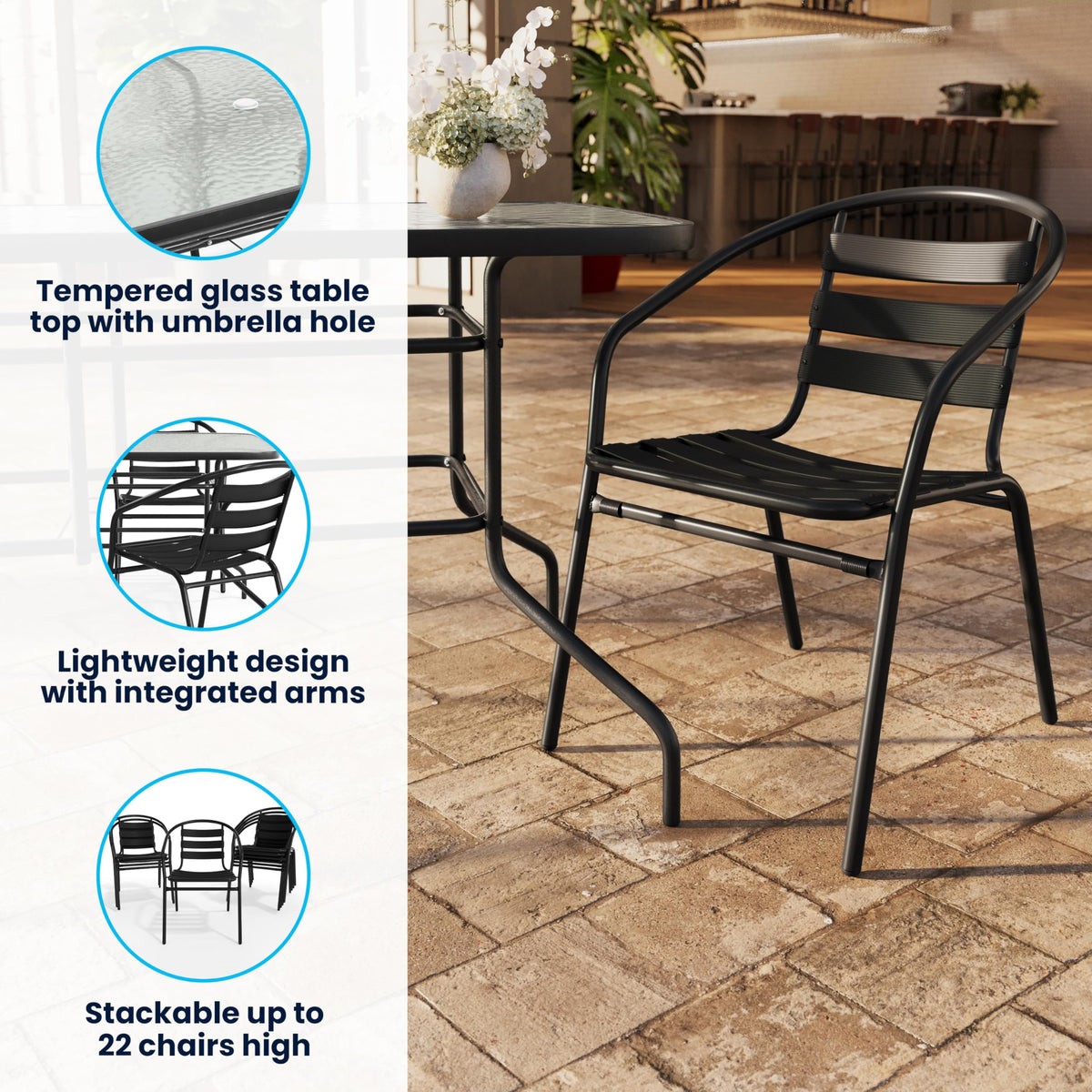 Flash Furniture Lila 7-Piece Glass Patio Table and Chairs Set, Outdoor Patio Dining Set with Rectangular Table and 6 Slat Back Patio Chairs, Black