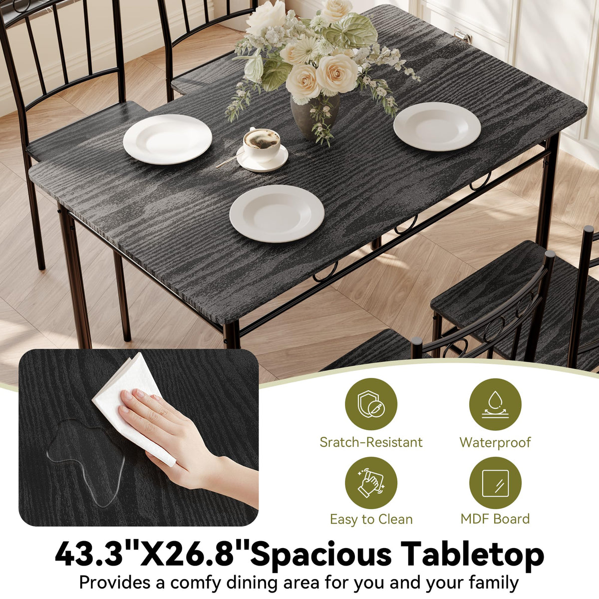 AMICLIBER 5 Piece Dining Table Set, Wood Kitchen Table and Chairs for Small Space,Breakfast Nook,Easy Assembly,Black
