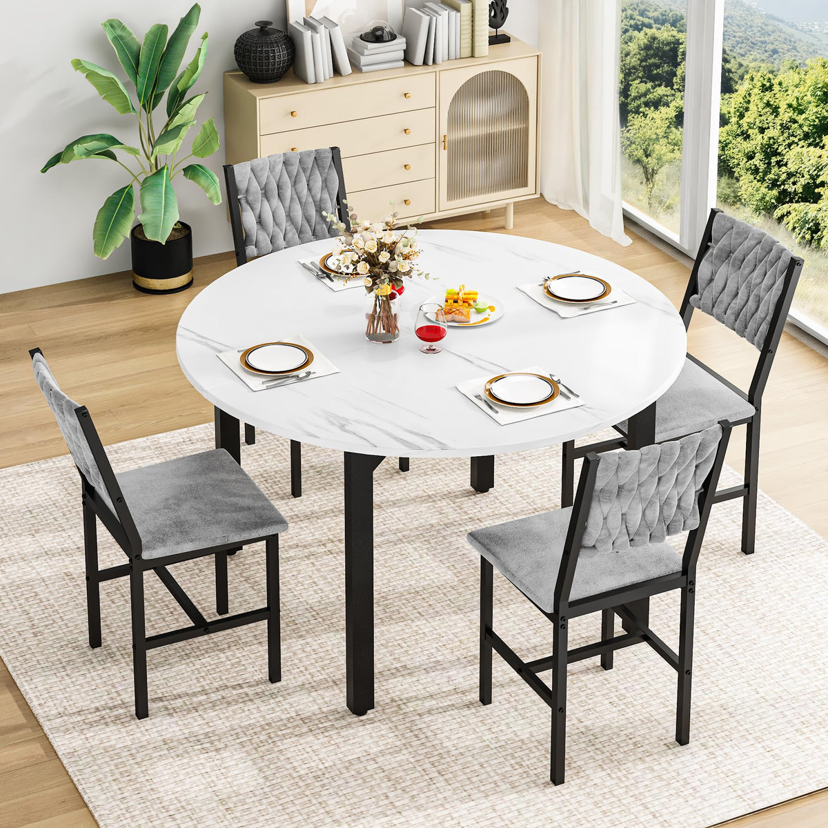 AWQM Round Dining Table Set for 4, Velvet Chair, Kitchen Table Set, White