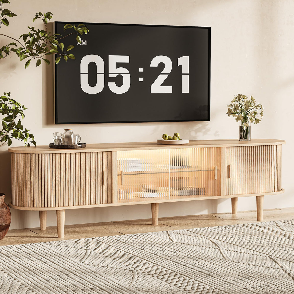 70" Fluted TV Stand with LED Lights for TVs up to 75 Inch, Mid Century Modern Entertainment Center with Sliding Doors & Glass Shelf, TV Console Table Media Console for Living Room, Natural Oak