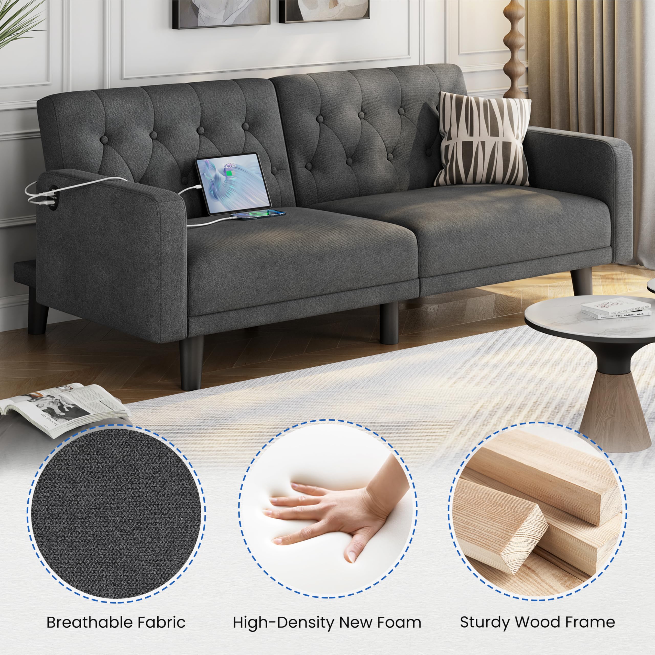 63" Convertible Futon Sofa Bed with USB Ports