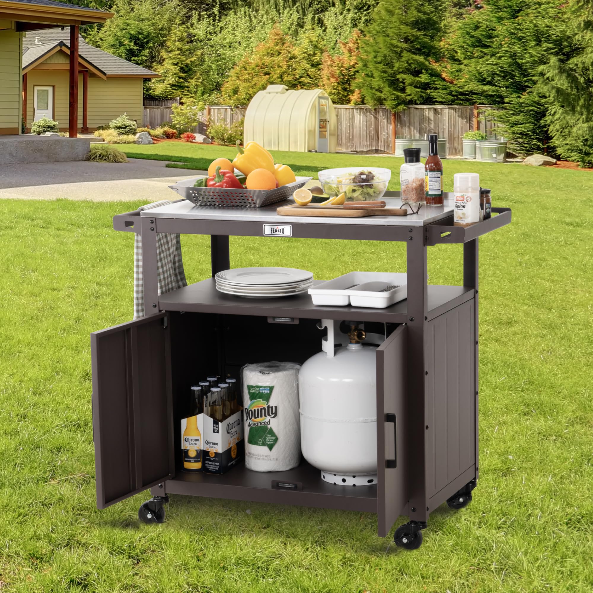 Outdoor Grill Cart with Stainless Steel Top & Storage Cabinet