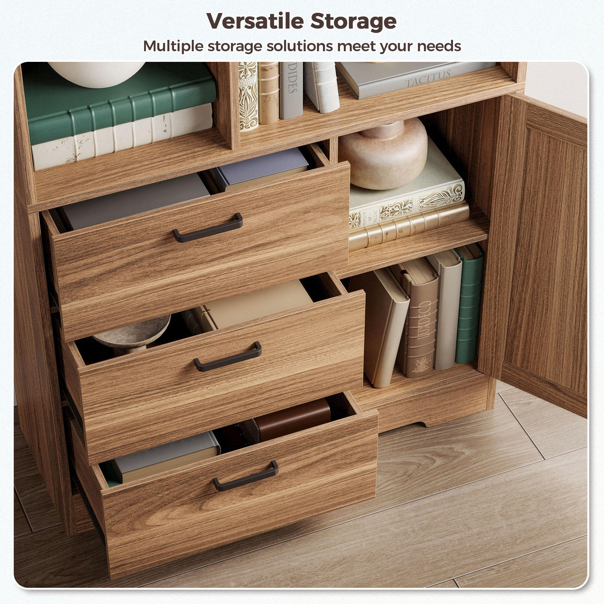 IRONCK Book Shelf 31.3 Inch Wide, Bookshelf with Doors and 3 Drawers, Brown