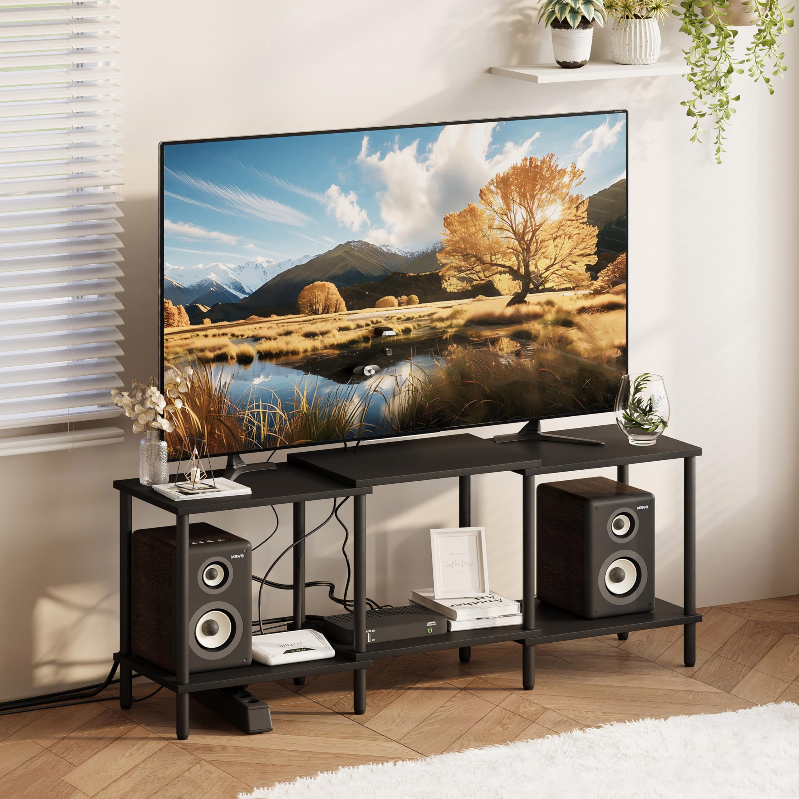 YAUKTAK TV Stand, Entertainment Center, Industrial TV Media Console Table with Open Storage Shelves, 2 Tier TV Cabinet for Living Room, Bedroom LTS107BK