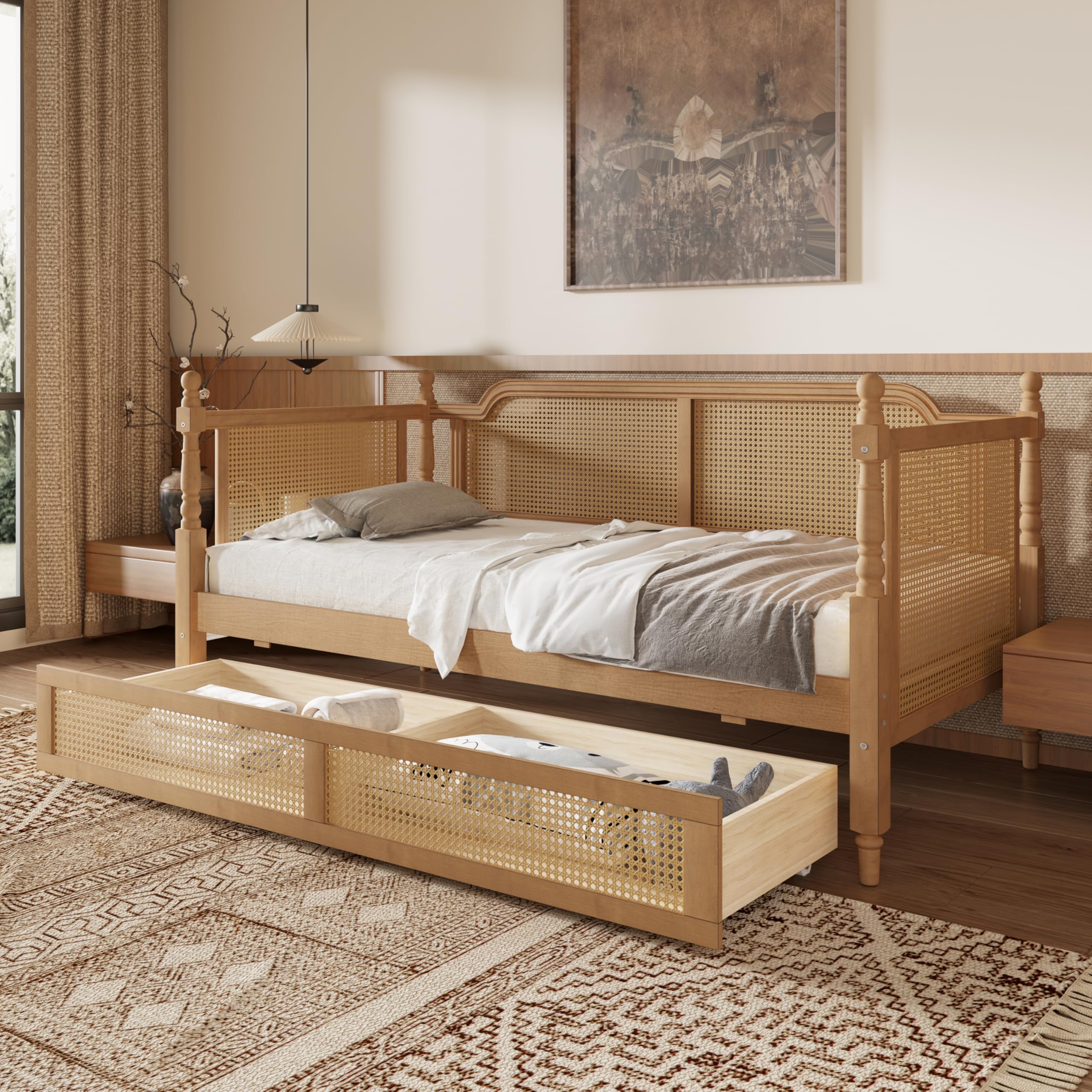 SOFTSEA Rattan Full Daybed with Storage Drawers, Traditional Boho Daybed with Wood Slats Support for Living Room Bedroom, No Box Spring Needed, Easy Assembly, Antique Walnut