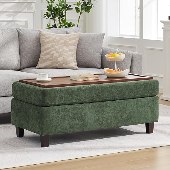45-Inch Storage Ottoman Bench with Flip-Top Wooden Tray