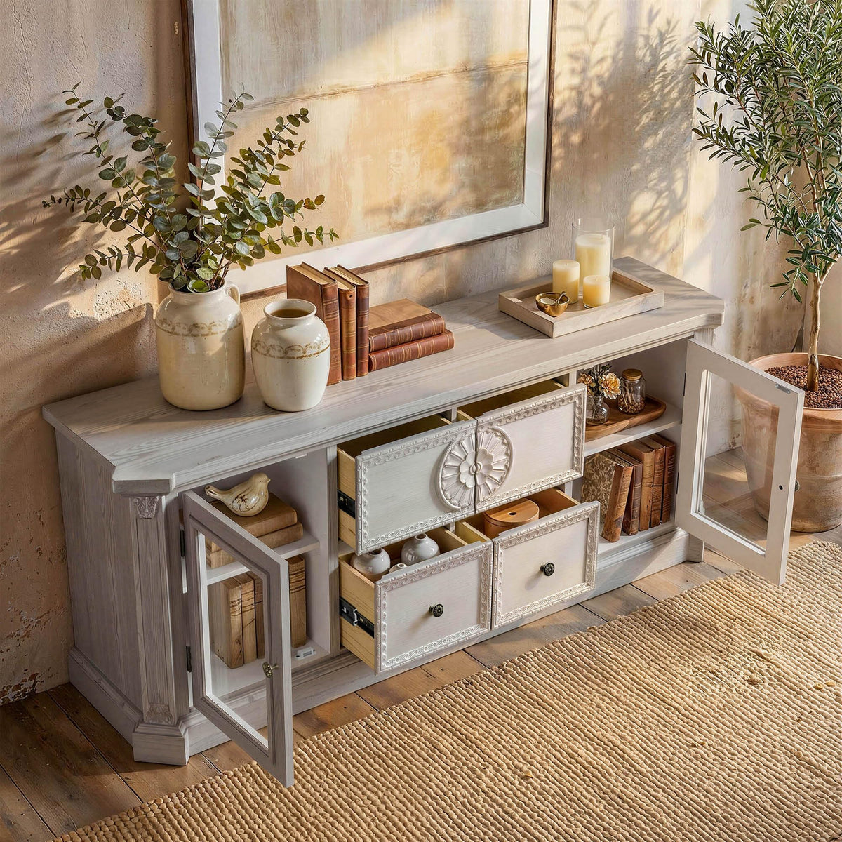 Homsee 60" Solid Wood Sideboard with Storage, Ash Wood Grain