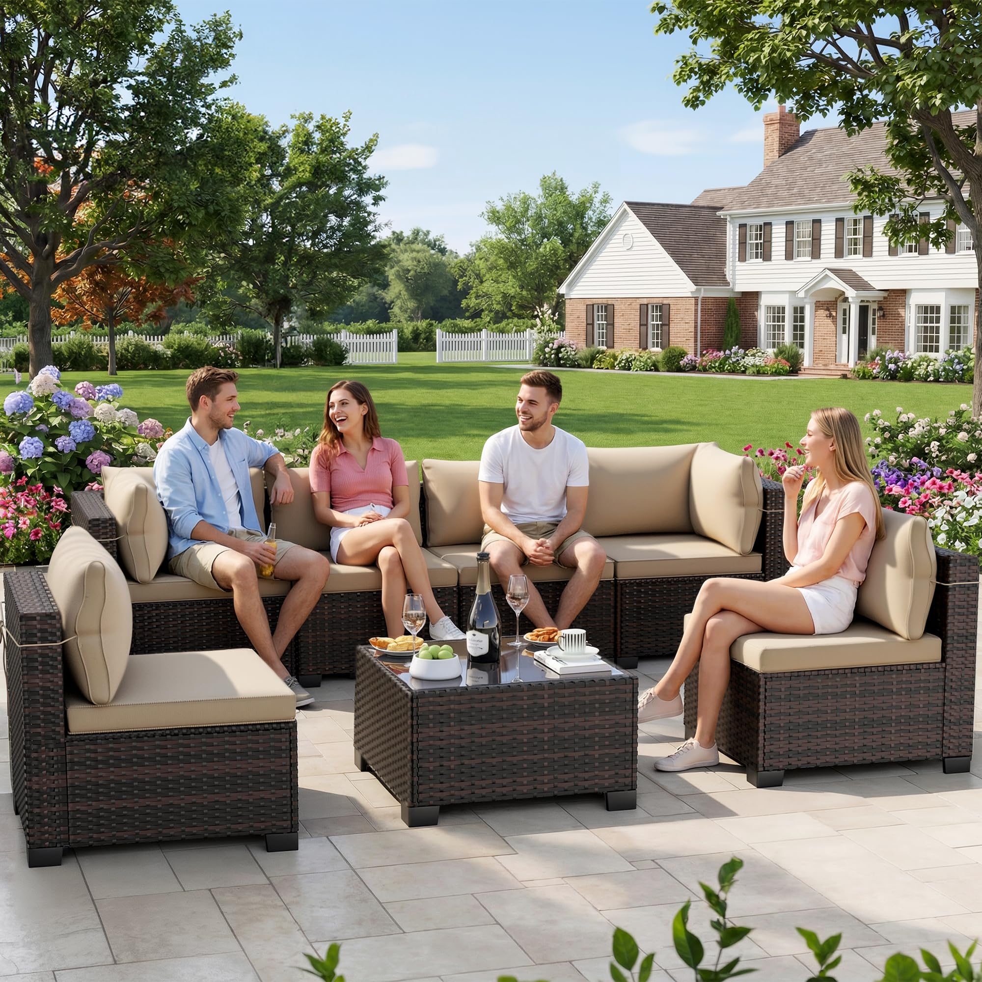 7-Piece Outdoor Rattan Patio Furniture Set with Tea Table
