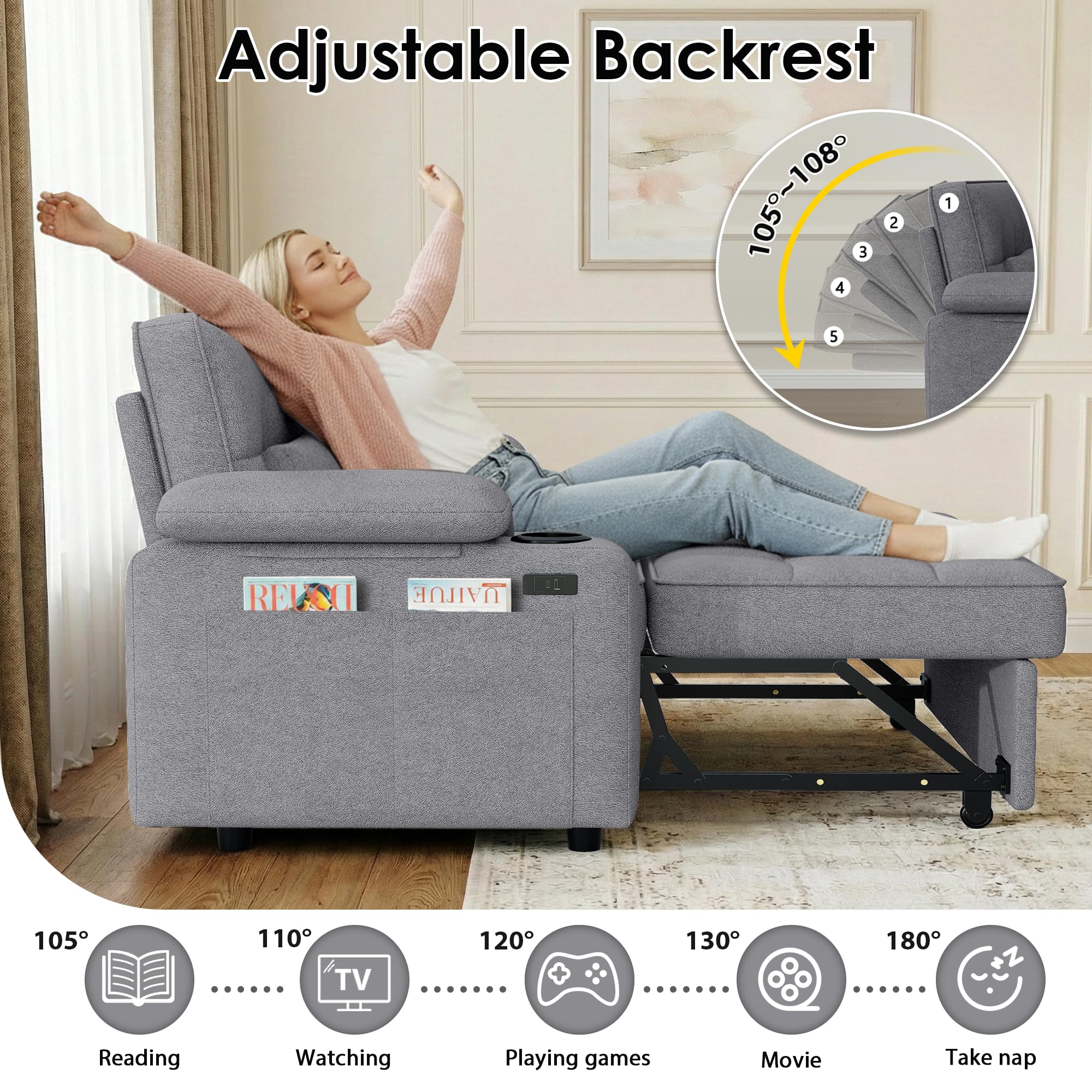 58" Convertible Loveseat Sofa Bed with USB Charger & Cup Holders
