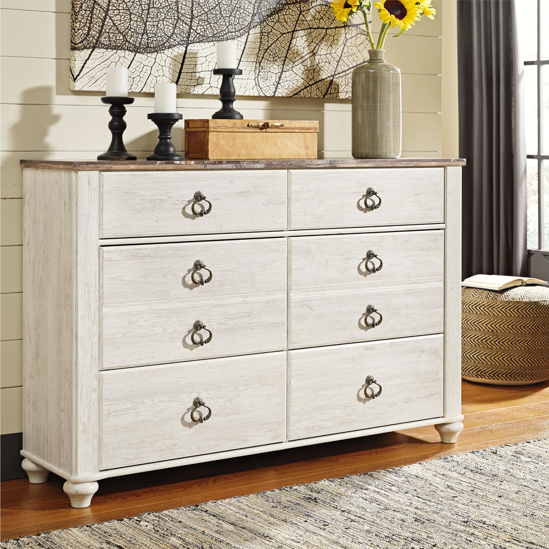 Signature Design by Ashley Willowton Coastal Cottage 6 Drawer Dresser with Faux Plank Top, Whitewash