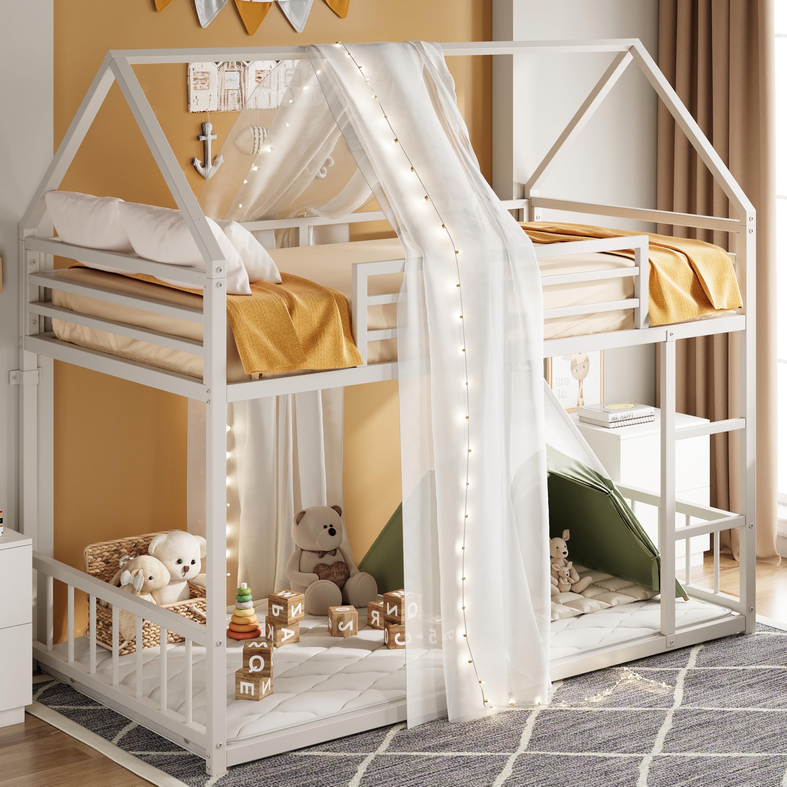 Twin Over Twin House Bunk Bed with Ladder & Guardrail