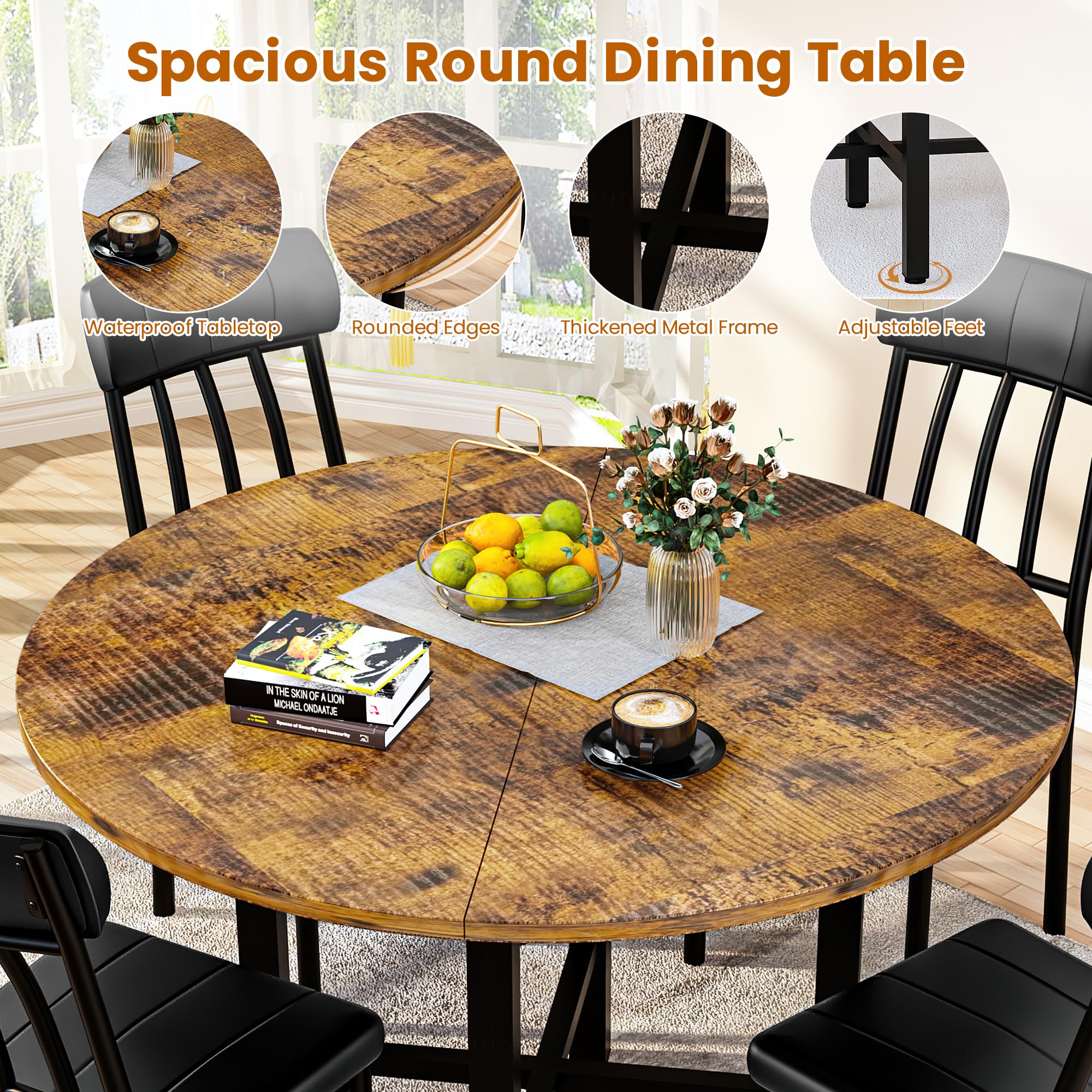 Round Dining Table Set for 4 with Faux Leather Chairs
