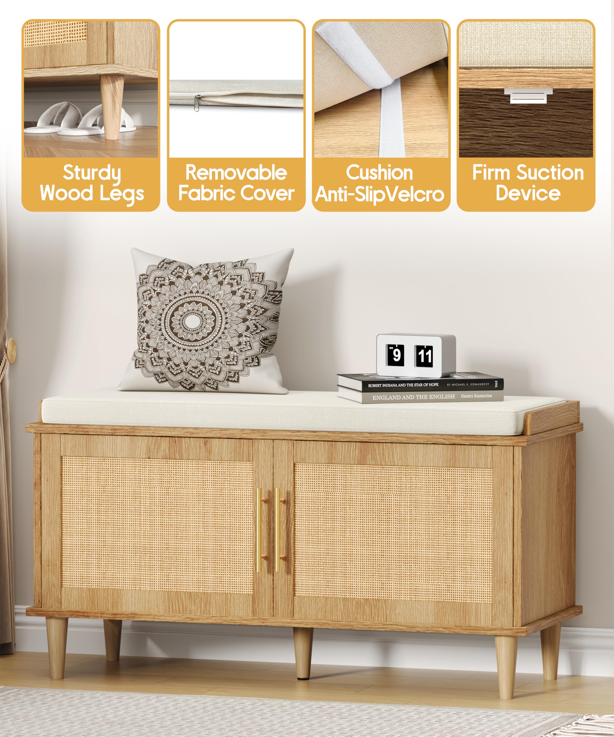 Rattan Shoe Storage Bench with Cushion