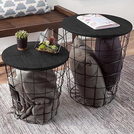 Round Wire Basket Nesting End Tables with Storage – Set of 2