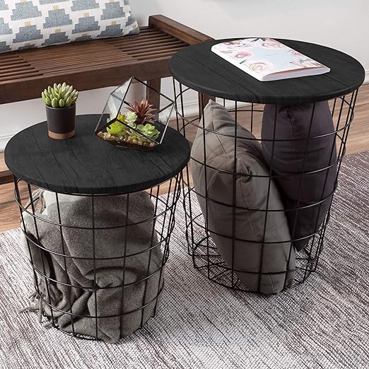 Nesting Side Tables Set of 2 with Wood Tops & Wire Baskets