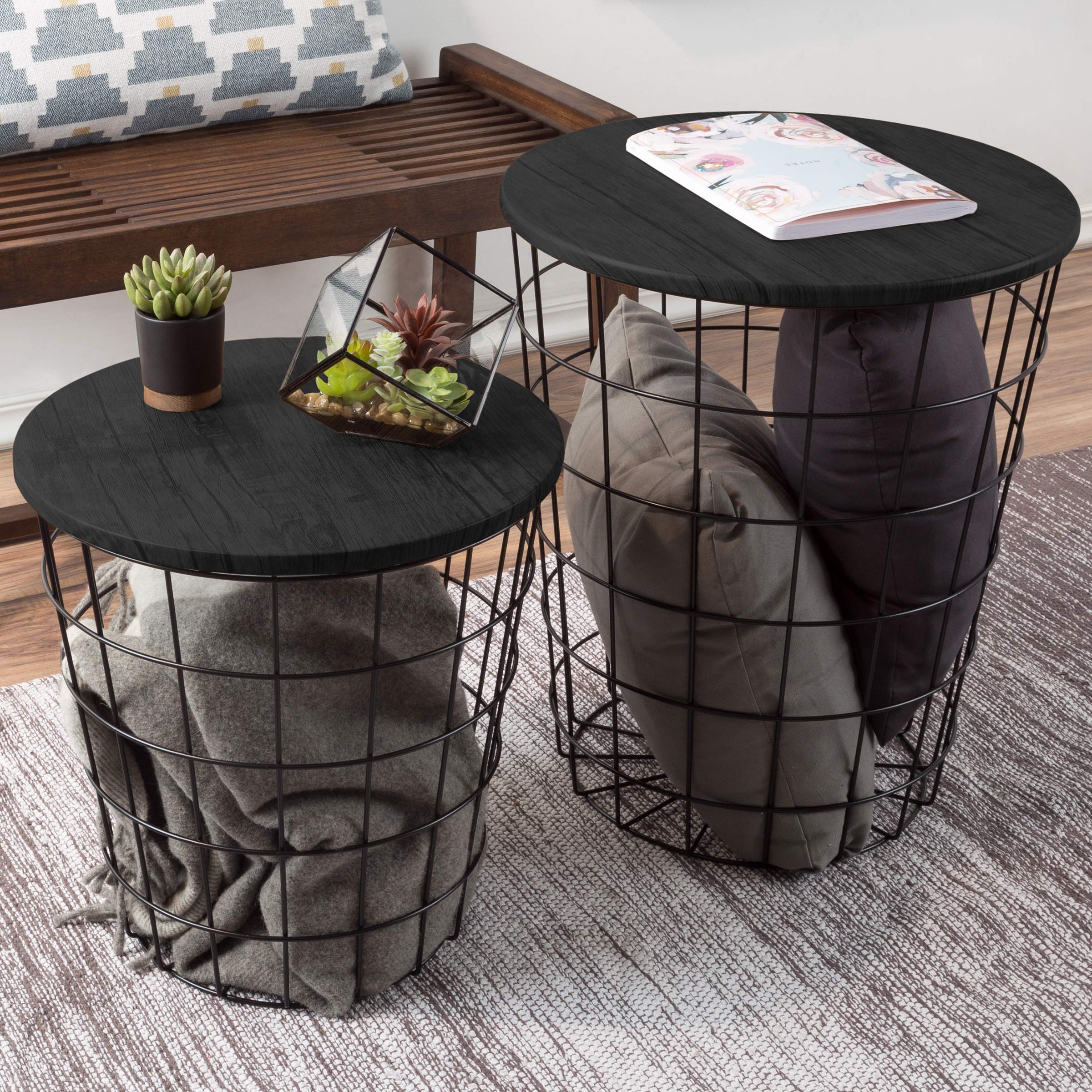 Round Wire Basket Nesting End Tables with Storage – Set of 2