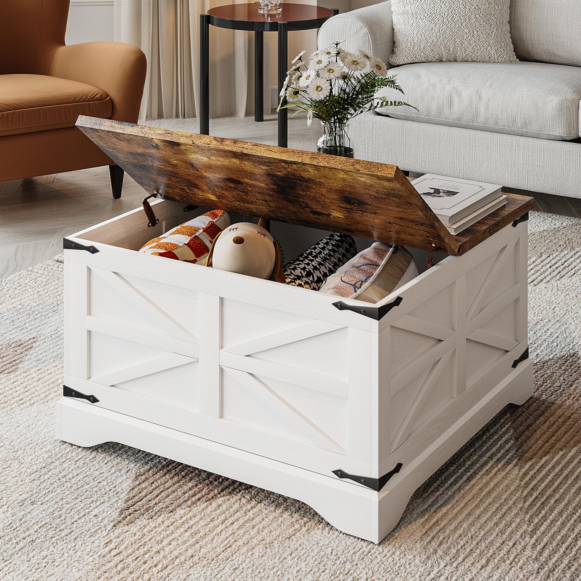 MXV Farmhouse Coffee Table with Storage, Square Coffee Tables for Living Room, Rustic Wood Center Table with Hinged Lifting Tabletop for Home, White
