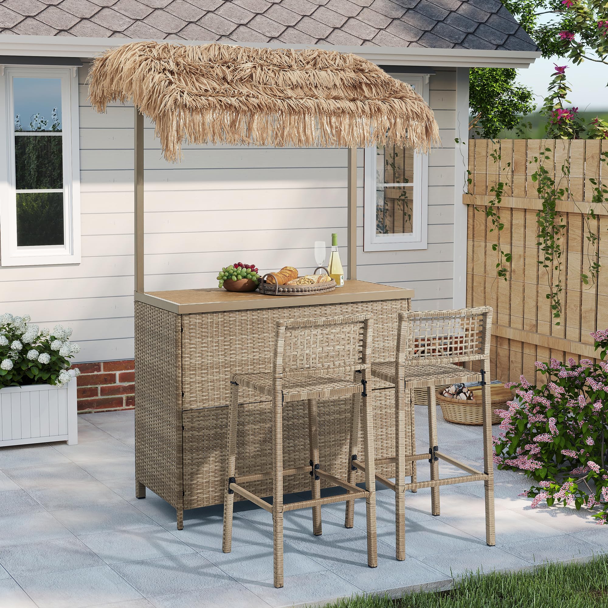 Mvpipi Outdoor Tiki Bar Set, 3 Pieces All-Weather Wicker Patio Bar Set with 2 Height Stools and Storage, Outdoor Bar Set for Outside Patio, Garden, Backyard,Yellow
