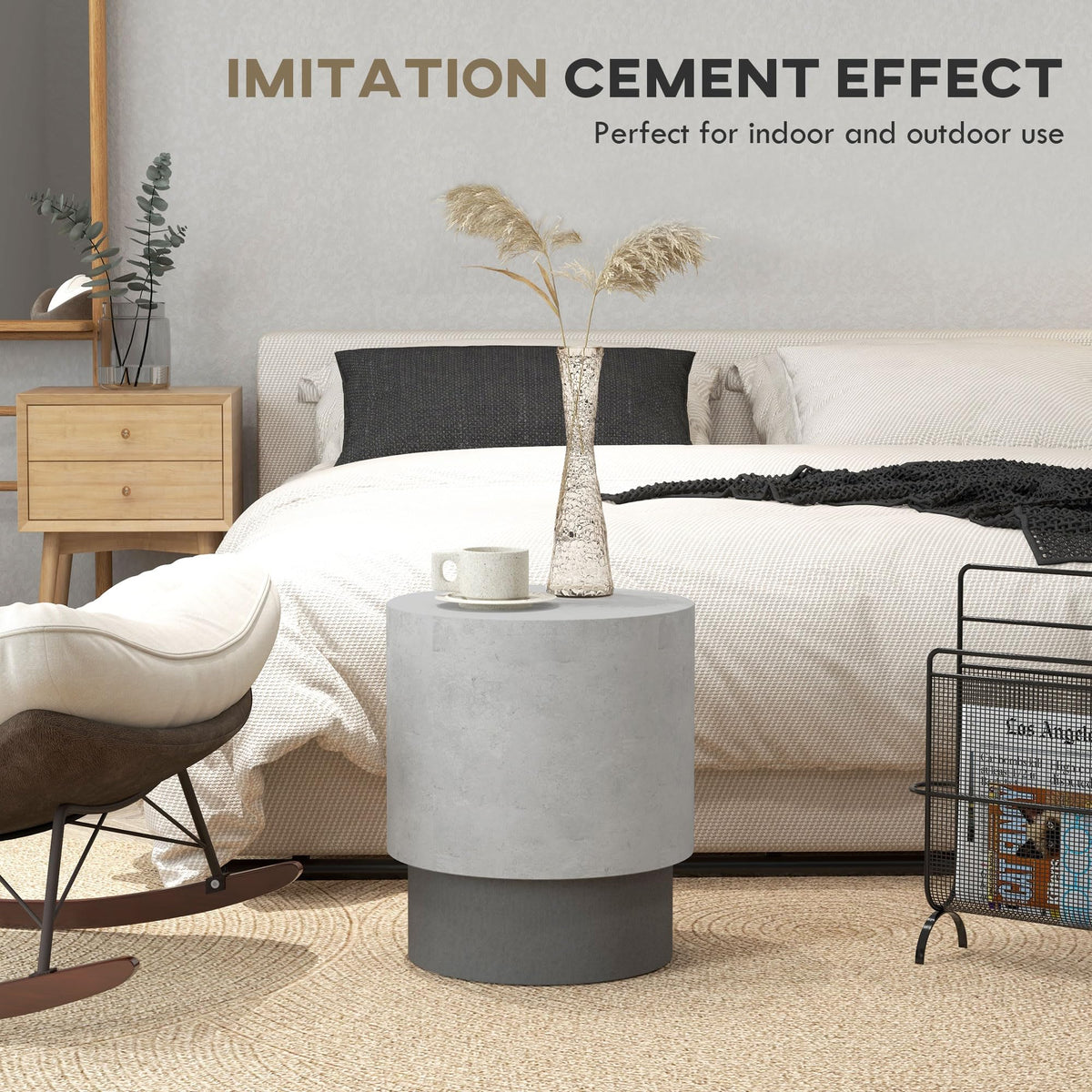 HOMCOM Concrete Finish End Table Round Outdoor Side Table Gray