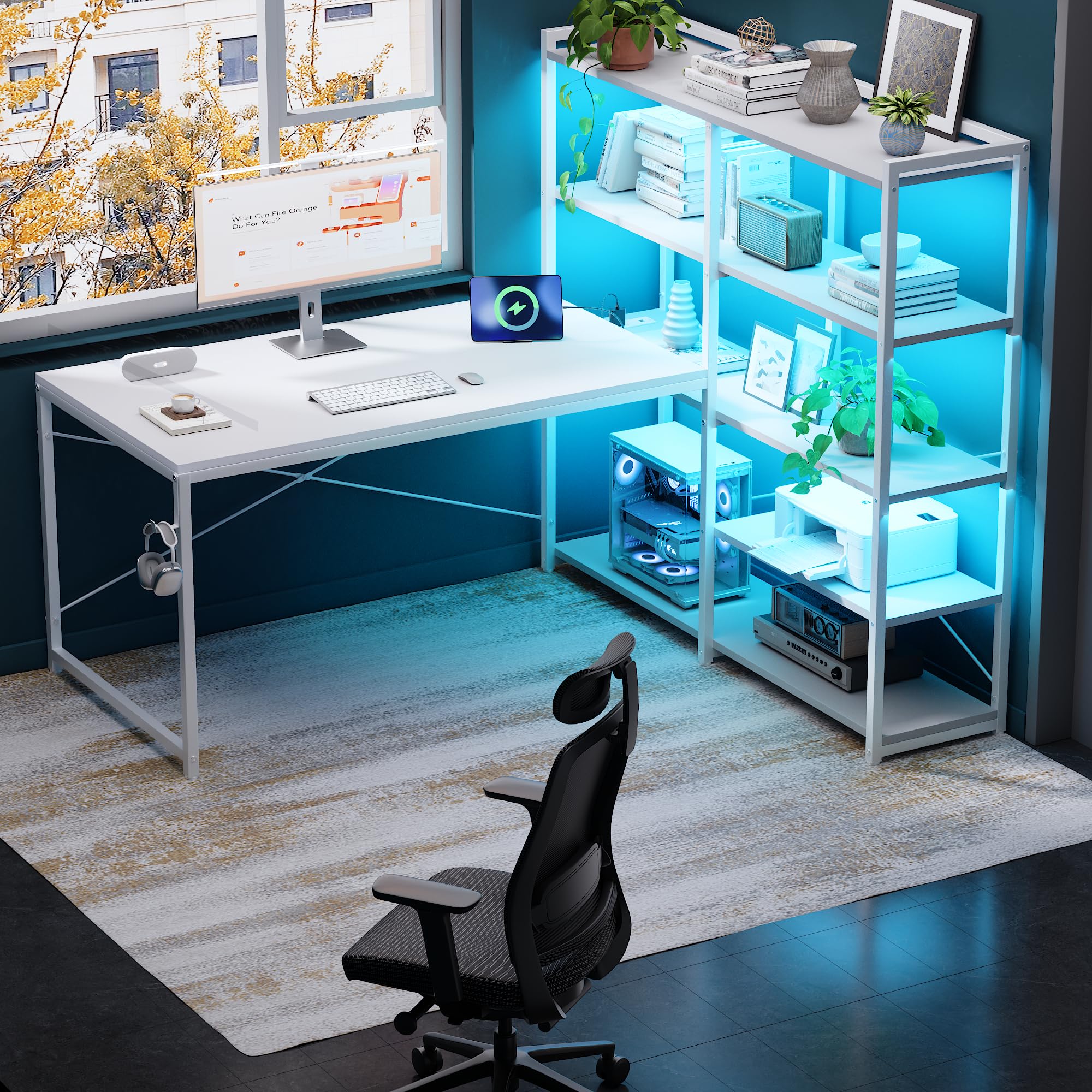 L-Shaped Desk with 5-Tier Shelves, LED Lights & Power Outlet, 49 Inch