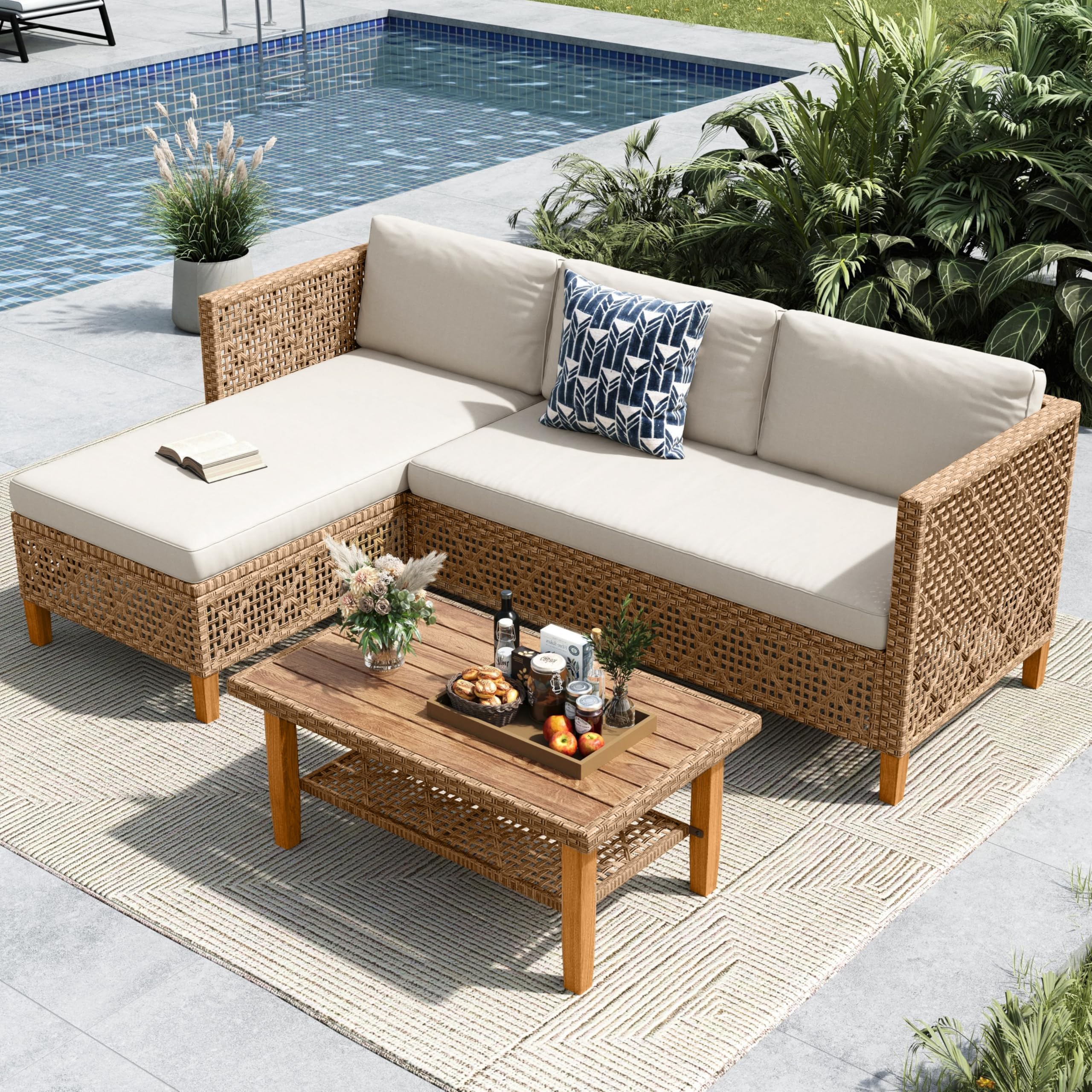 L-Shaped Patio Sectional Sofa Set with Coffee Table