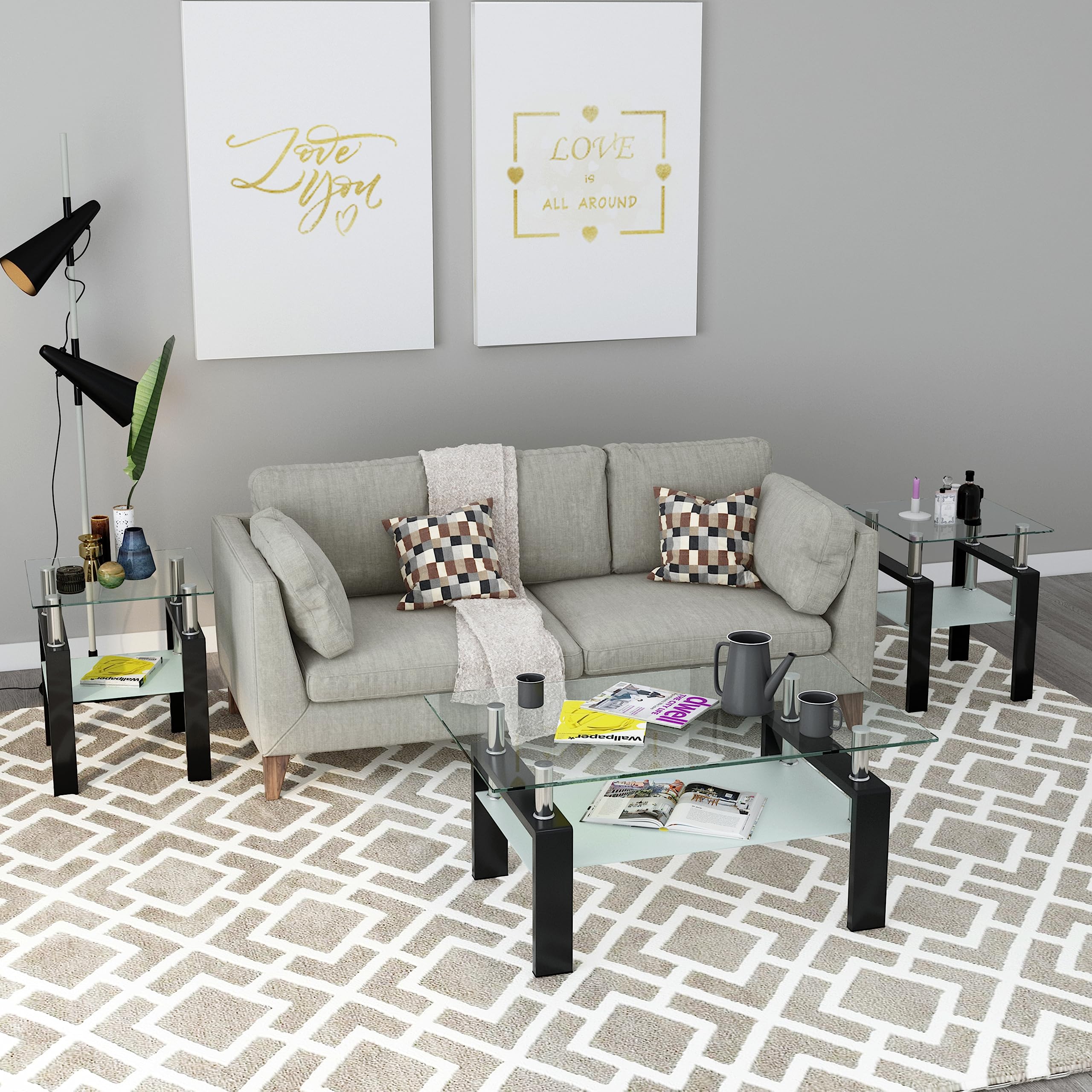 3-Piece Glass Coffee Table & End Tables Set