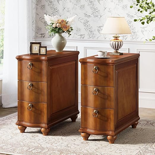 Tribesigns Wood Fully Assembled End Table, 3-Drawers Narrow Slim Side Table, No Assembly Required, Nightstand for Bedside, Small Spaces, Living Room, Bedroom, Walnut Brown