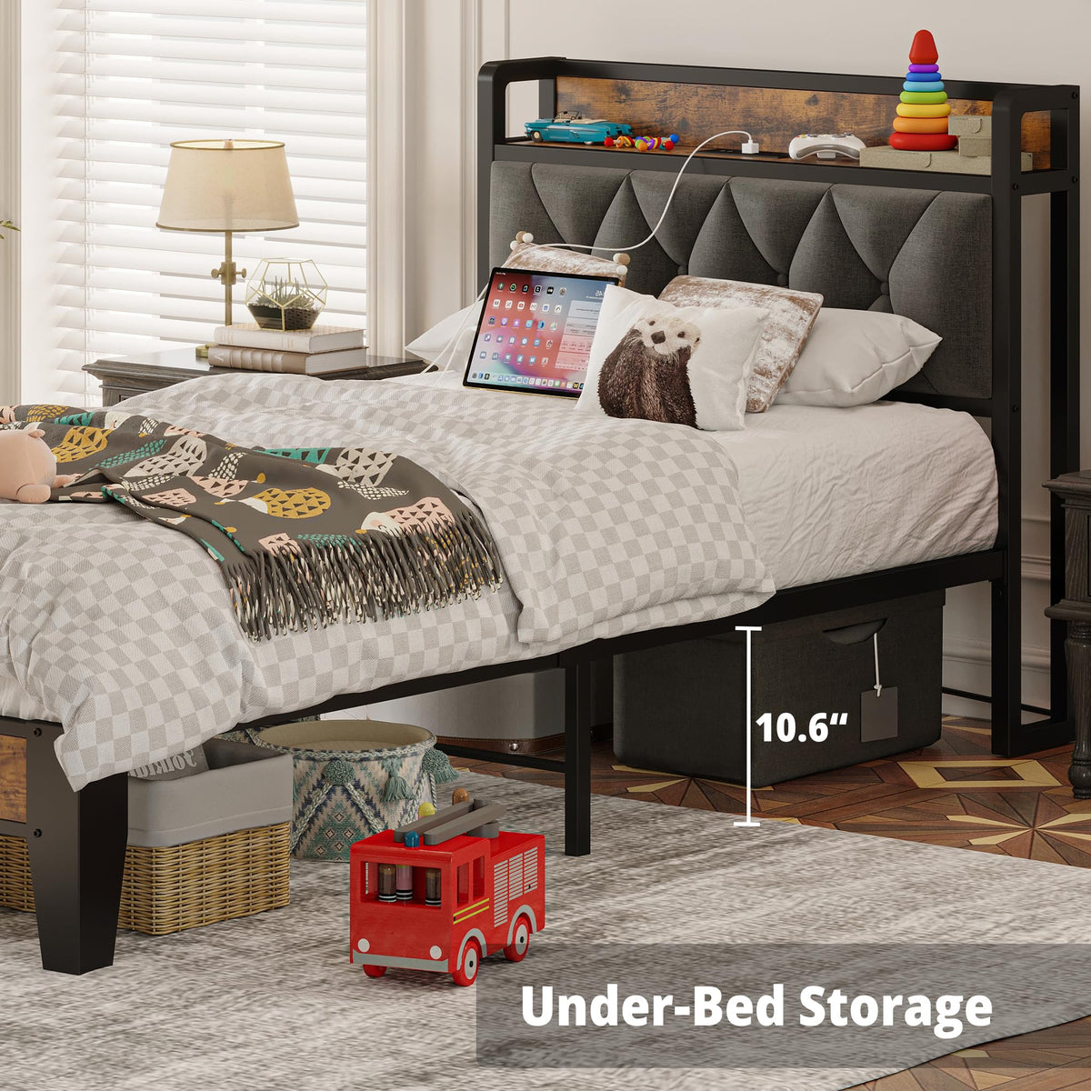 ANCTOR Twin Bed Frame, Storage Headboard with Charging Station