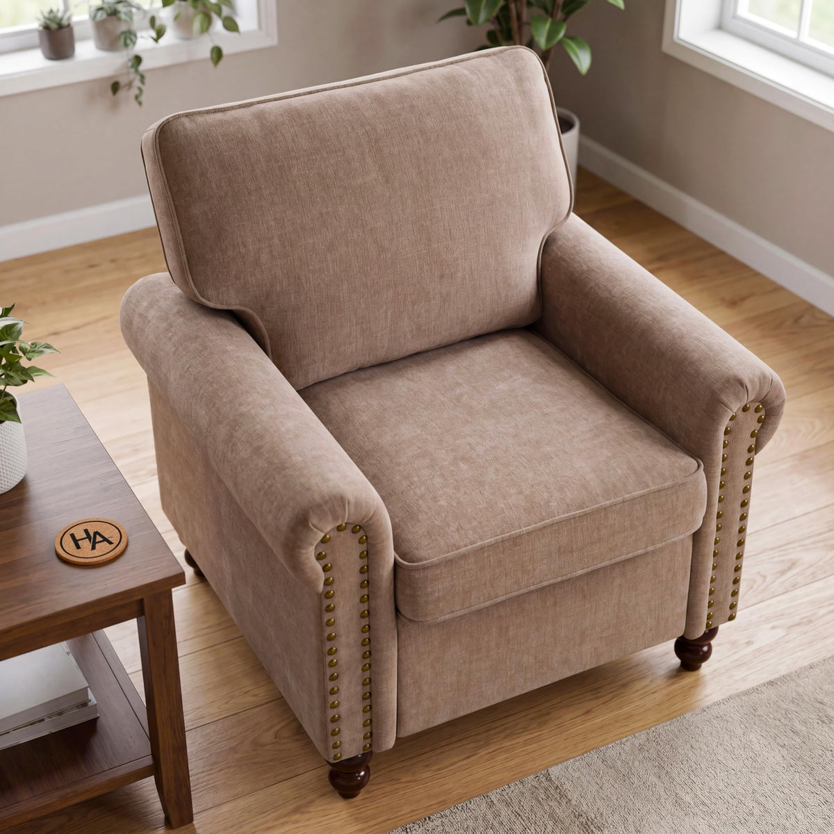 Brown Chenille Nailhead Accent Chair