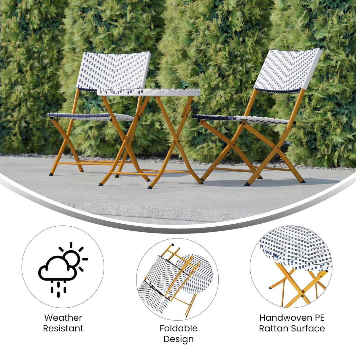 Flash Furniture PE Rattan Indoor/Outdoor Folding Bistro Set, Navy/White