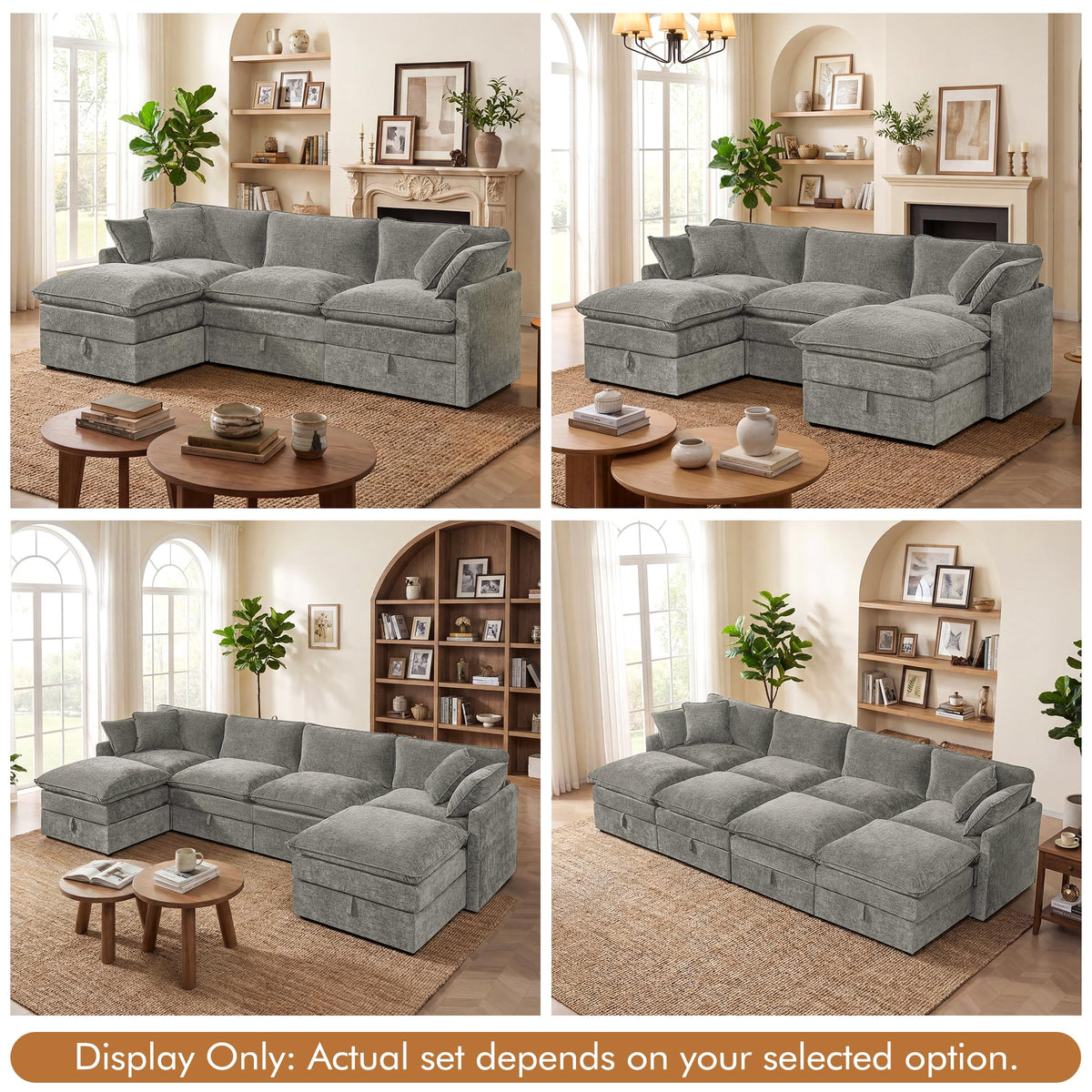 WorthFurni Modular Sectional Sofa with Storage Ottomans,103" U-Shaped Cloud Couch,Comfy Modern Couches with Pillows & Upholstered Deep Seat Cushion for Apartment Living Room Bedroom（Gray）