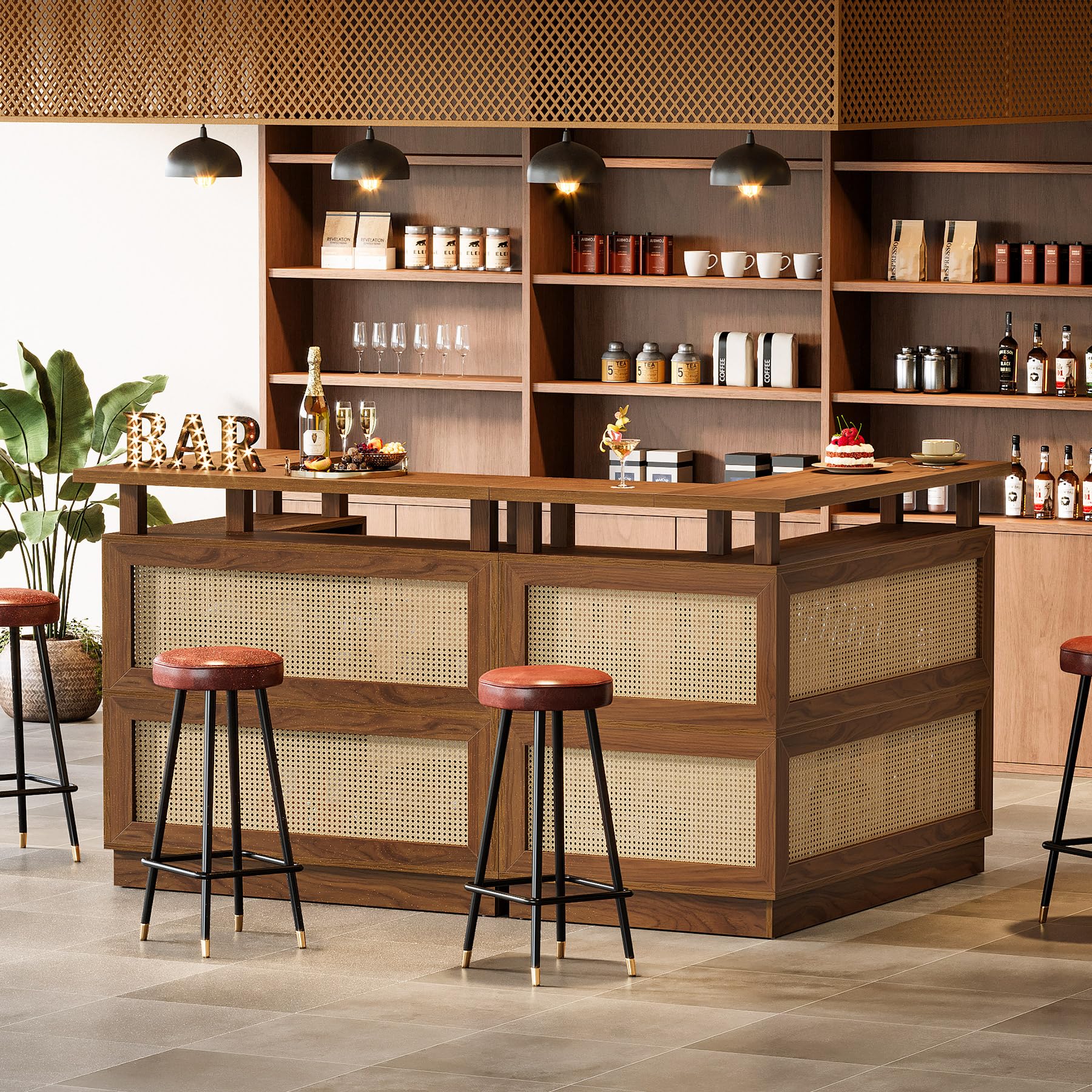 Tribesigns L Shaped Bar Table with 4-Tier Storage Shelf, Rattan Home Bar Unit with 2 Stemware Racks and Heightened Base, Corner Mini Coffee Liquor Cabinet for Home/Kitchen/Pub, Brown