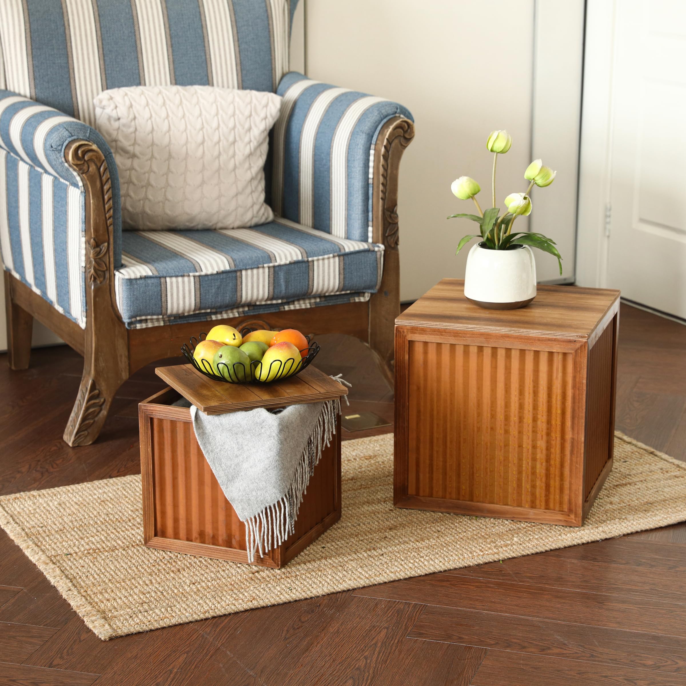 Farmhouse Wood & Iron Storage Ottoman Set, 2-Pack