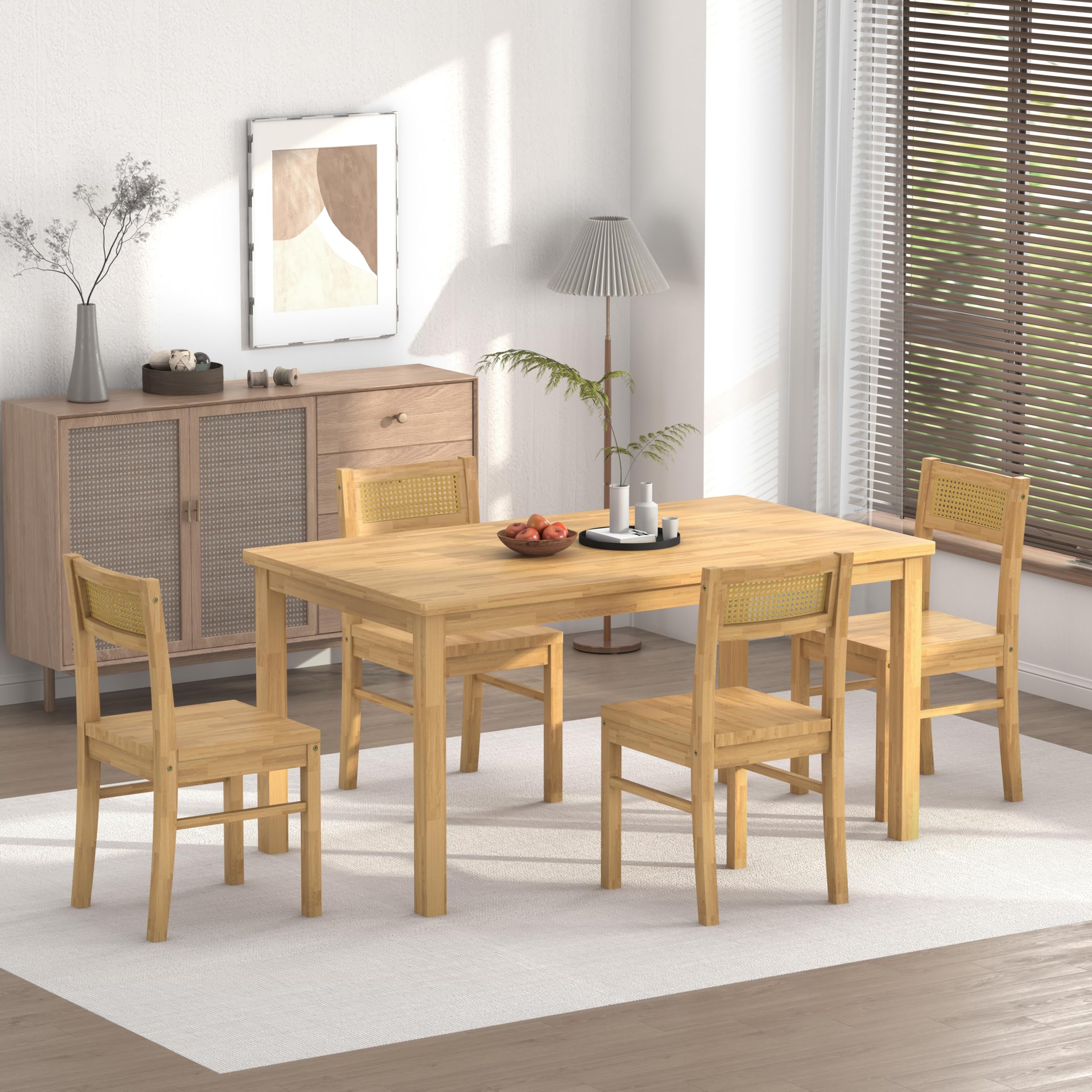 5-Piece Solid Wood Dining Table Set with Rattan Back Chairs